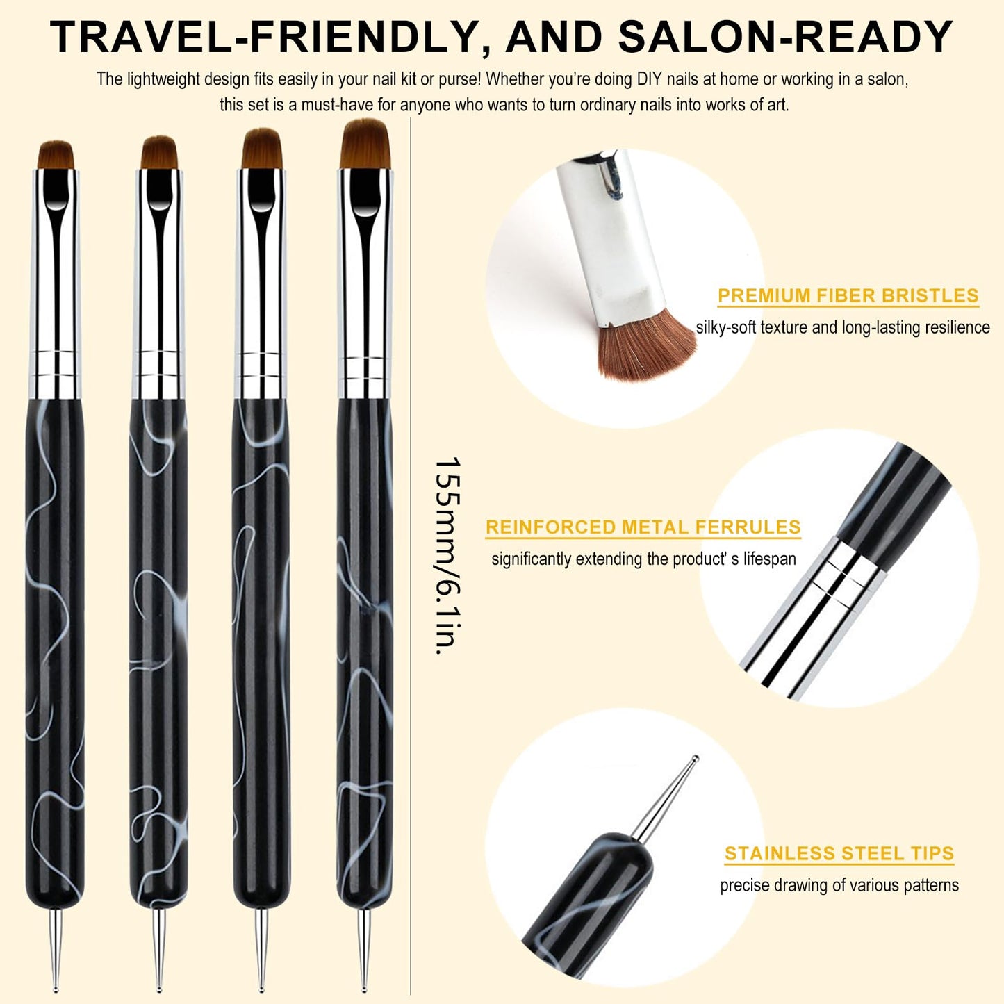 JFIYUOMCI French Nail Brush Set, 2 Way Dotting Tool and French Tip Brush, Gel Acrylic Nails Art Design Pen, Nail Clean Up Brushes for Professional Manicure Tools, Size 10#,12#, 14#, 16# - Marble Black