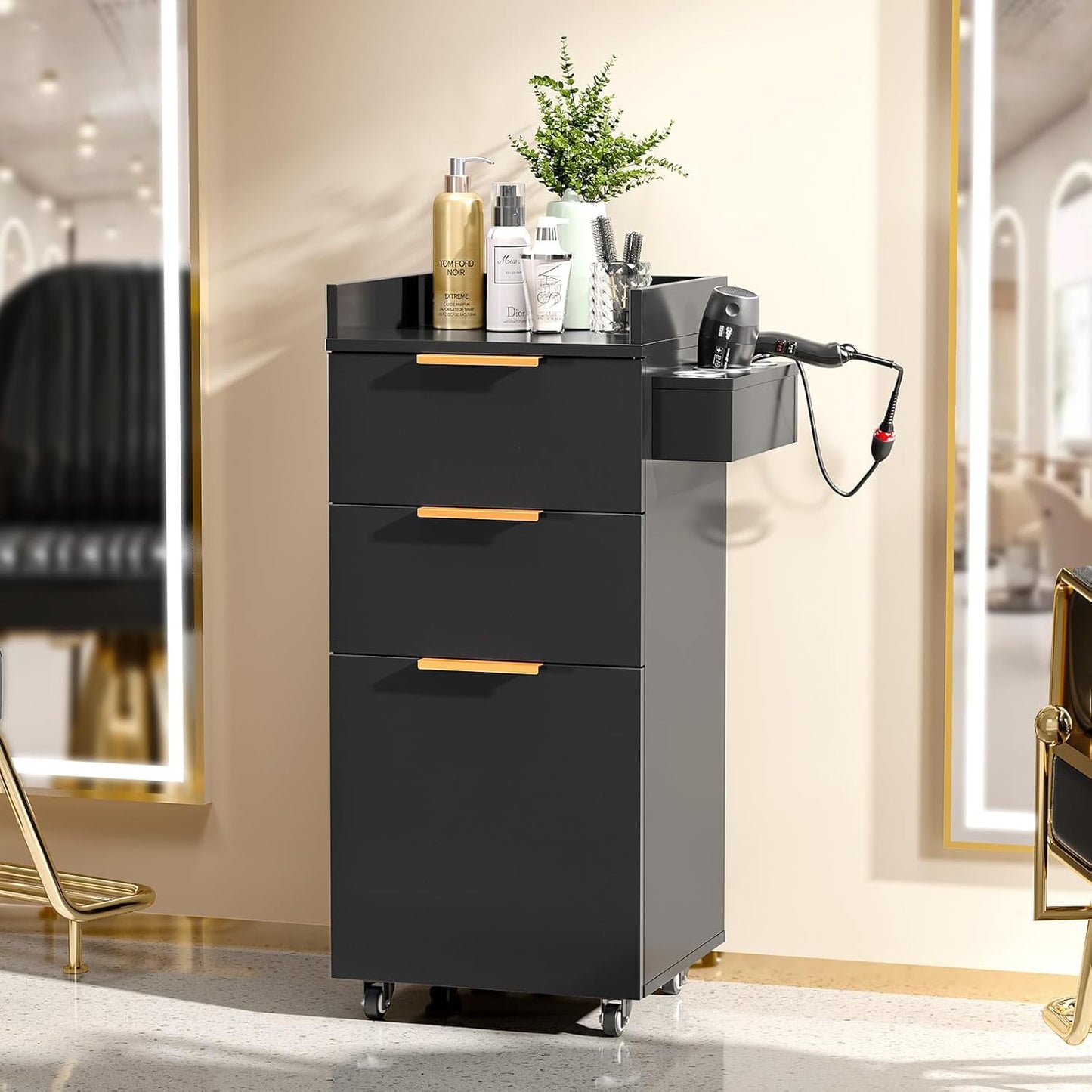 OmySalon Salon Cart with Wheels - 3-Tier Rolling Hair Styling Station with Drawers & Adjustable Shelf | Black