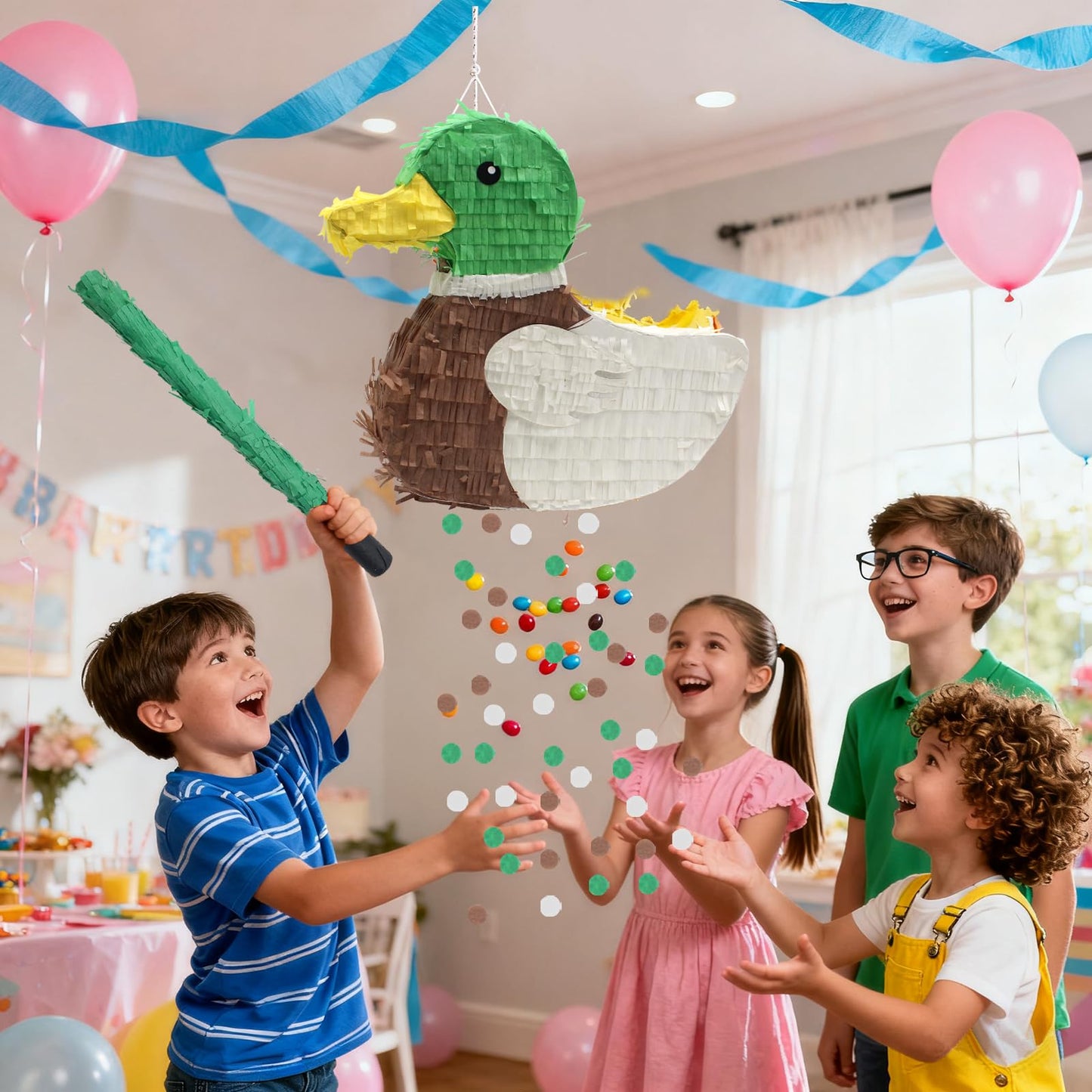 Mallard Duck Pinata Bundle with Stick, Blindfold, Bat, Gender Reveal Confetti for Duck Hunting Birthday One Lucky Party Decoration Farm Animal Theme Party Supplies