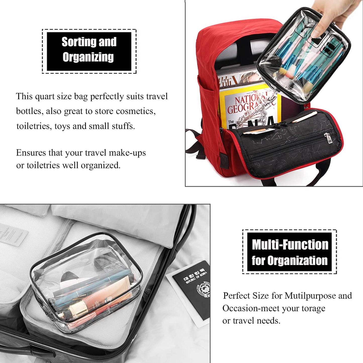 TSA Approved Clear Toiletry Bag Set - 3 Pcs Quart Size Travel Makeup & Cosmetic Organizer | Black
