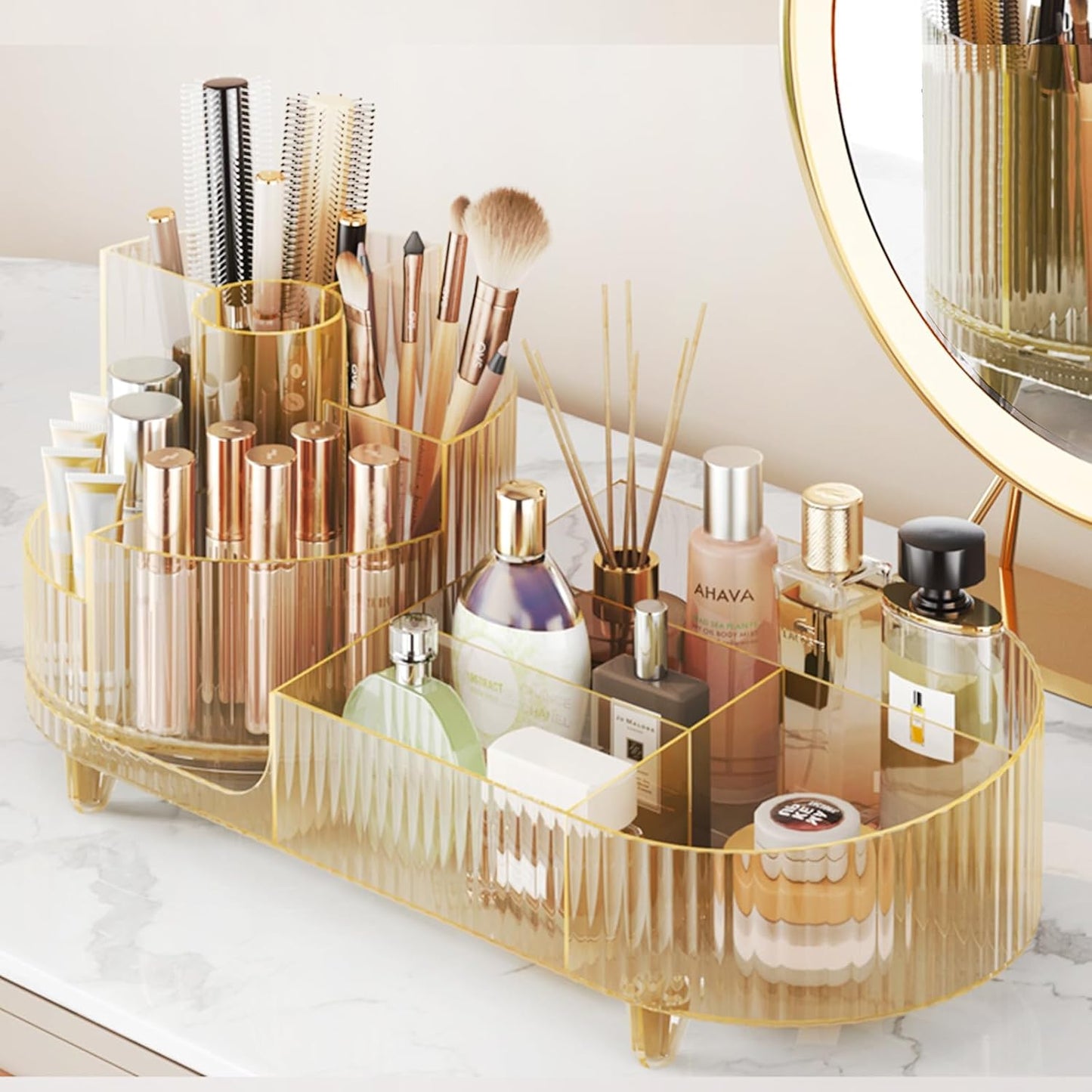 Rotating Makeup Organizer - Large Spinning Vanity Storage with Brush Holder | Black Cosmetic Display Case