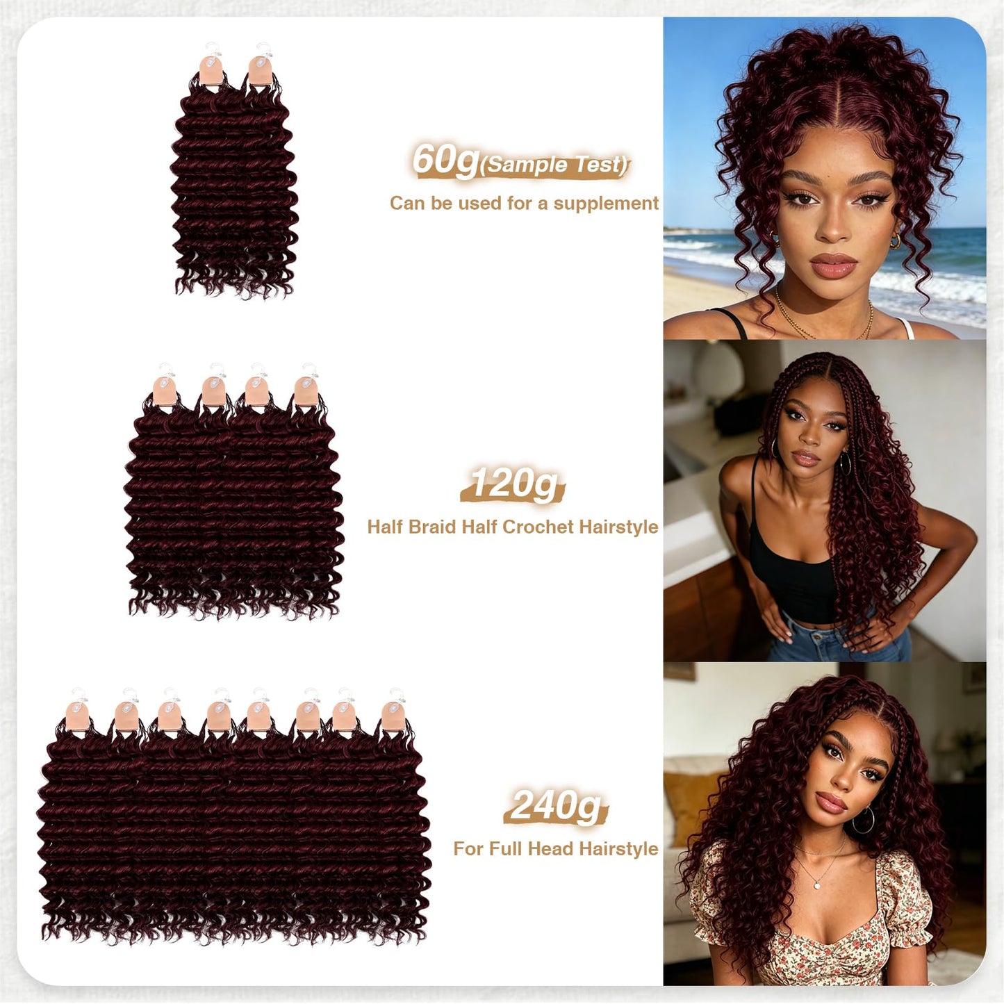 Miracle Knots Crochet Human Hair, Deep Wave Pre-Separated Crochet Hair for Black Women, Easy Install Hook Design, Invisible Natural Look,Boho Hair 14 Inch 120g(99J# Black Wine Color)