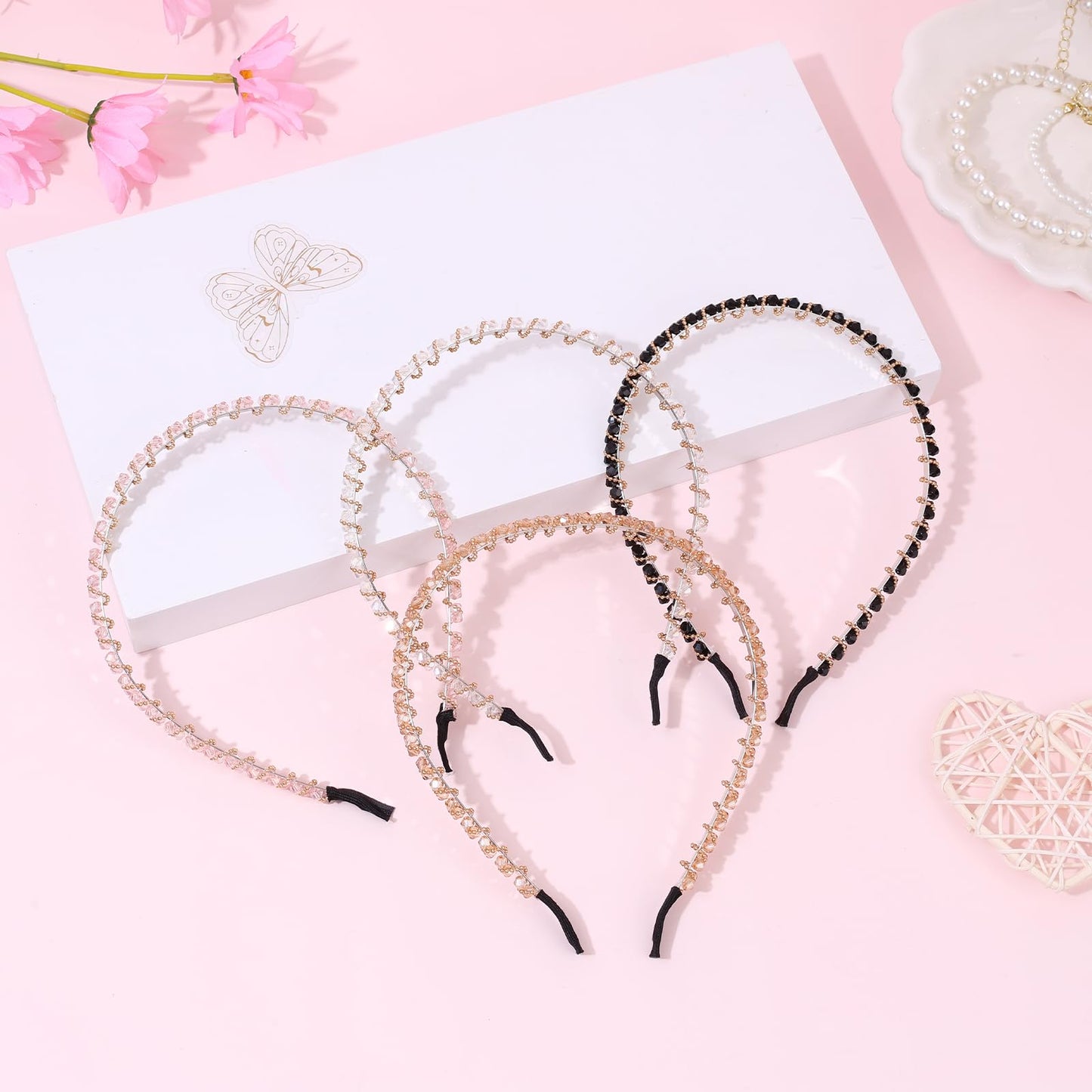 OAOLEER 4 PCS Rhinestone Headbands for Girls,Glitter Crystal Headbands Thin Sparkly Hairbands Fashion Beaded Hair Hoops for Girls Hair Accessories Birthday Wedding