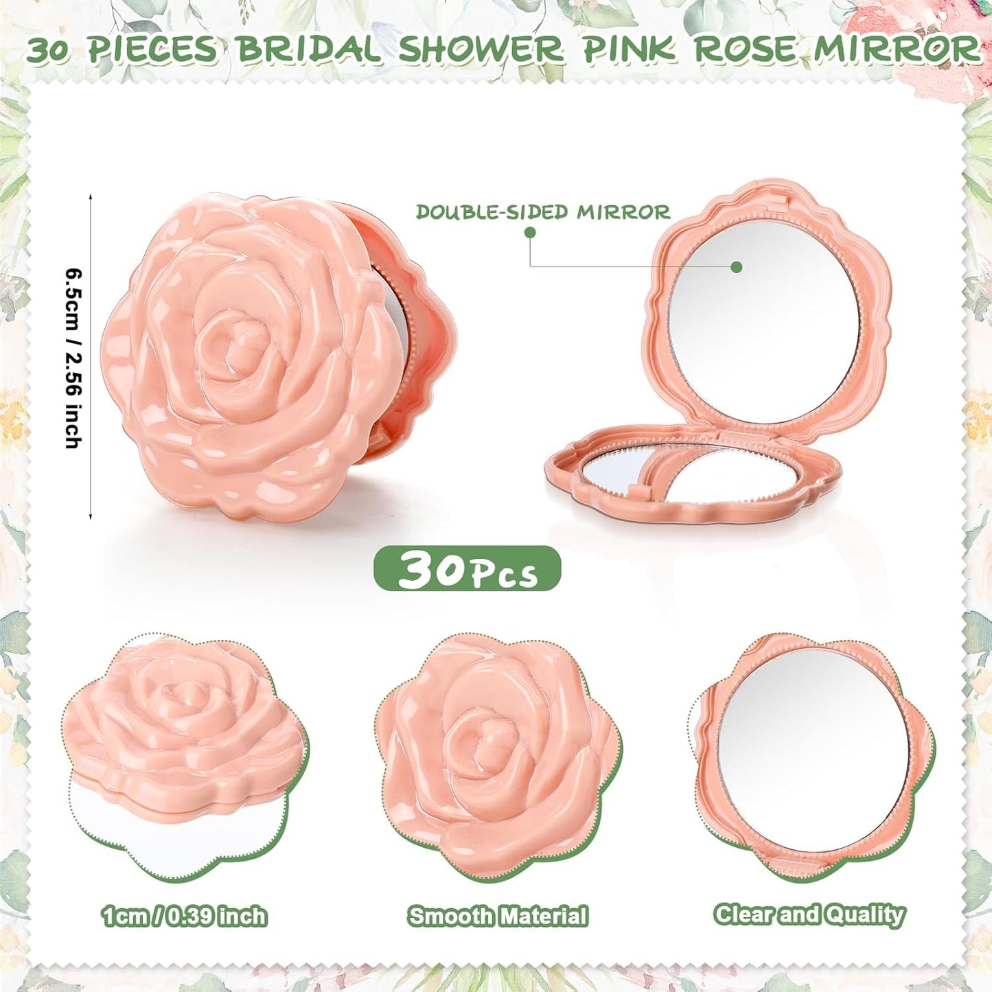 Rose Compact Mirror Set - 30 Bulk Bridal Shower Favors | Pink Souvenir Gifts with Hair Ties & Thank You Cards
