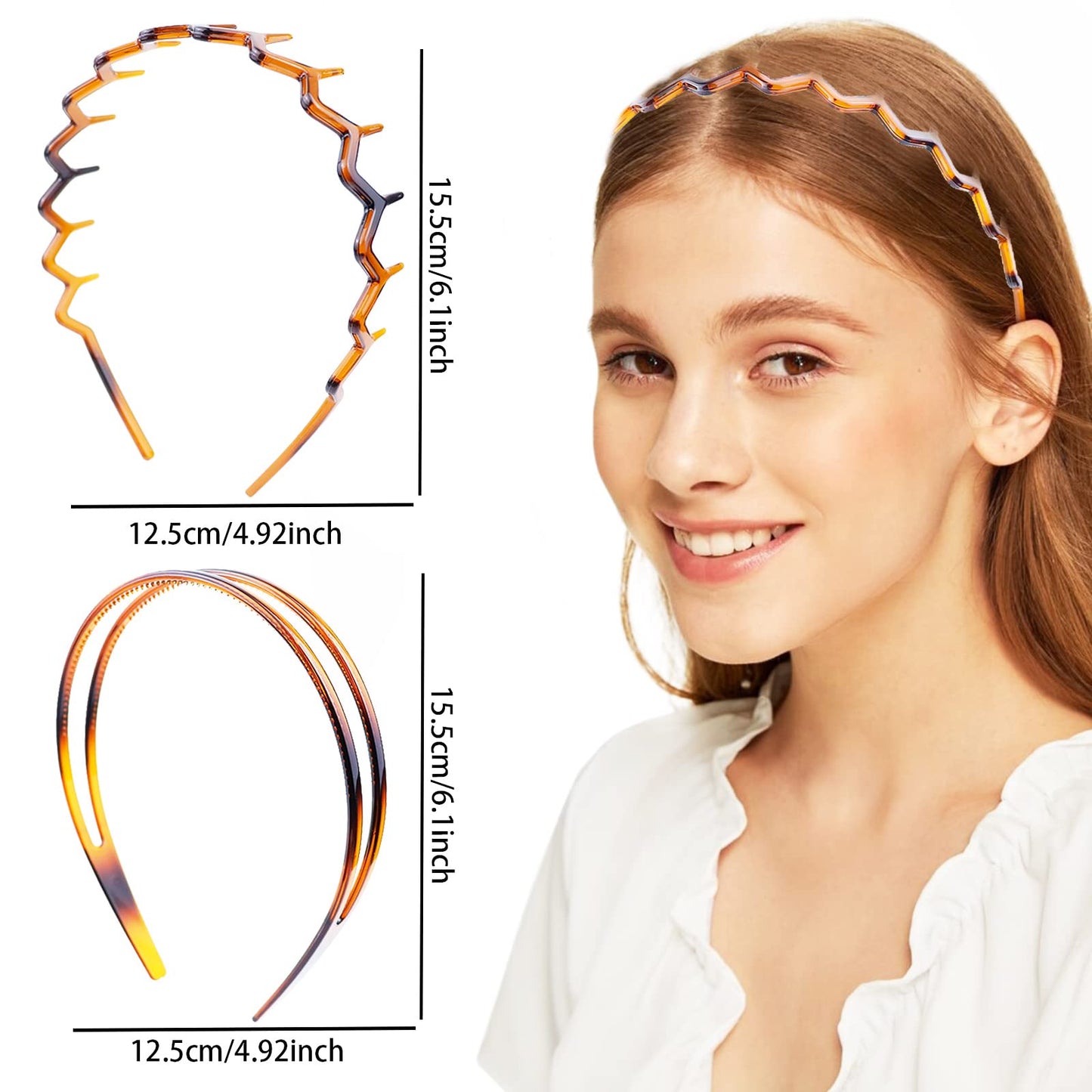 REDANHA 4-Piece Plastic Hairband Set - Zigzag Headband with Sharks Tooth Design, Non-Slip Double Row Teeth Hair Comb for Women & Girls - Black & Brown