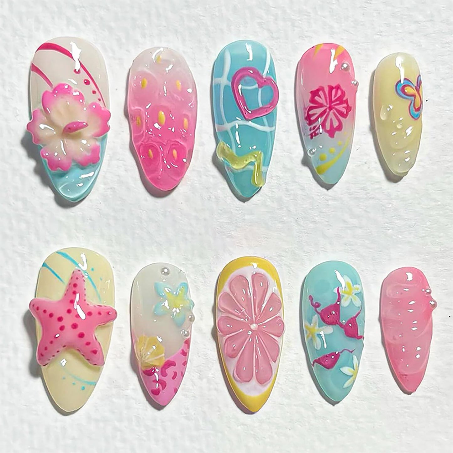 Gold Star Press-On Nails - 30 Pcs Medium Almond Acrylic with 3D Blue Rhinestones | Bohemian Style