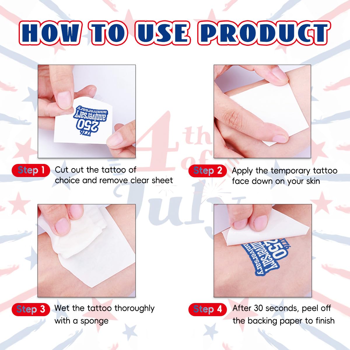 50Pcs 250th Independence Day Temporary Tattoos, Patriotic 4th of July Temporary Tattoos Stickers, Red White Blue Decorative Designs for Kids and Adults, Suitable for Parades and School Celebrations(C)