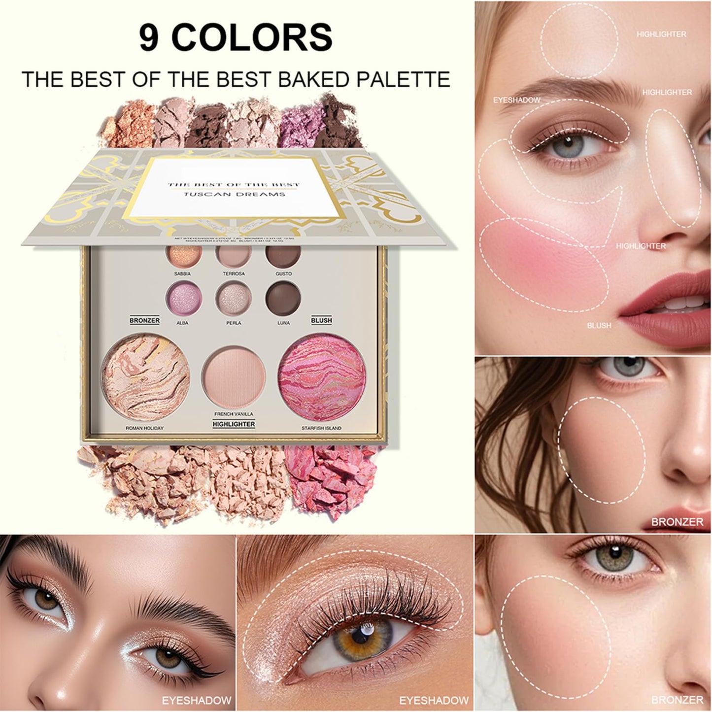 All in One Baked Makeup Face Palette, Includes 6 Eyeshadows, Bronzer, Blush, and Highlighter, Blush and Bronzer Palette, Shimmer & Matte Shades, Long-Lasting Pigmented Powder, Full Size Makeup Set