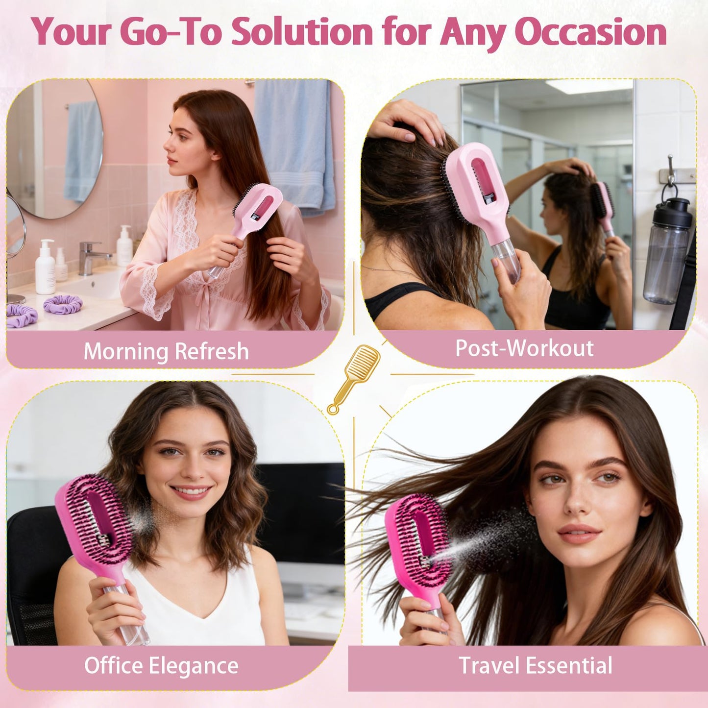 Hair Brush with Water Spray, 2-in-1 Detangling Tool for Frizz Control, Works on Wet & Dry Strands, Portable Mist Comb for Thick, Curly & Fine Textures(1 Rose Pink)