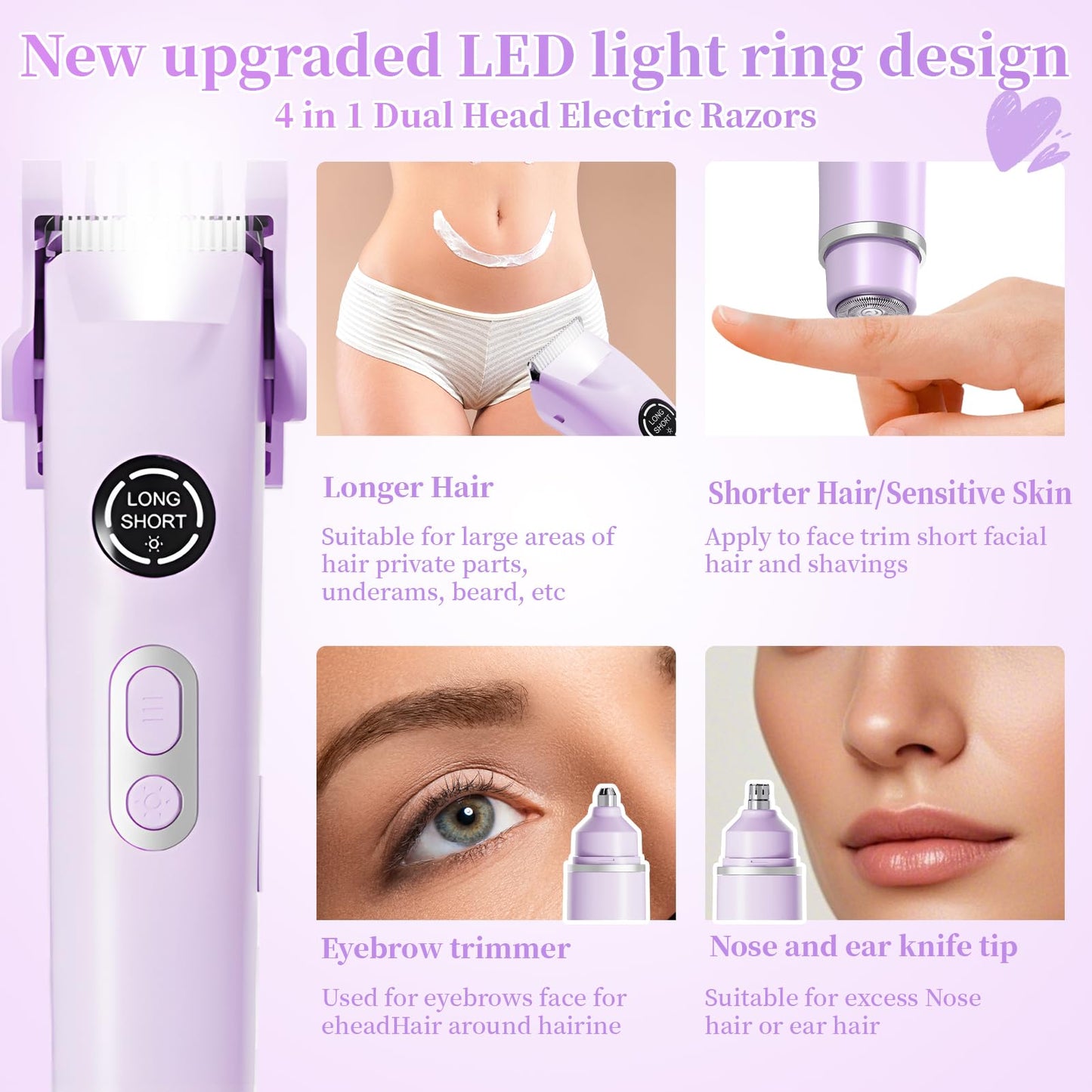 BBDYOY Bikini Trimmer for Women - 4 in 1 Women Electric Shaver Dual Head IPX7 Waterproof Wet & Dry Use Body Hair Trimmer and Facial Hair Remover for Bikini Underarm Leg Arm Body Face,Purple