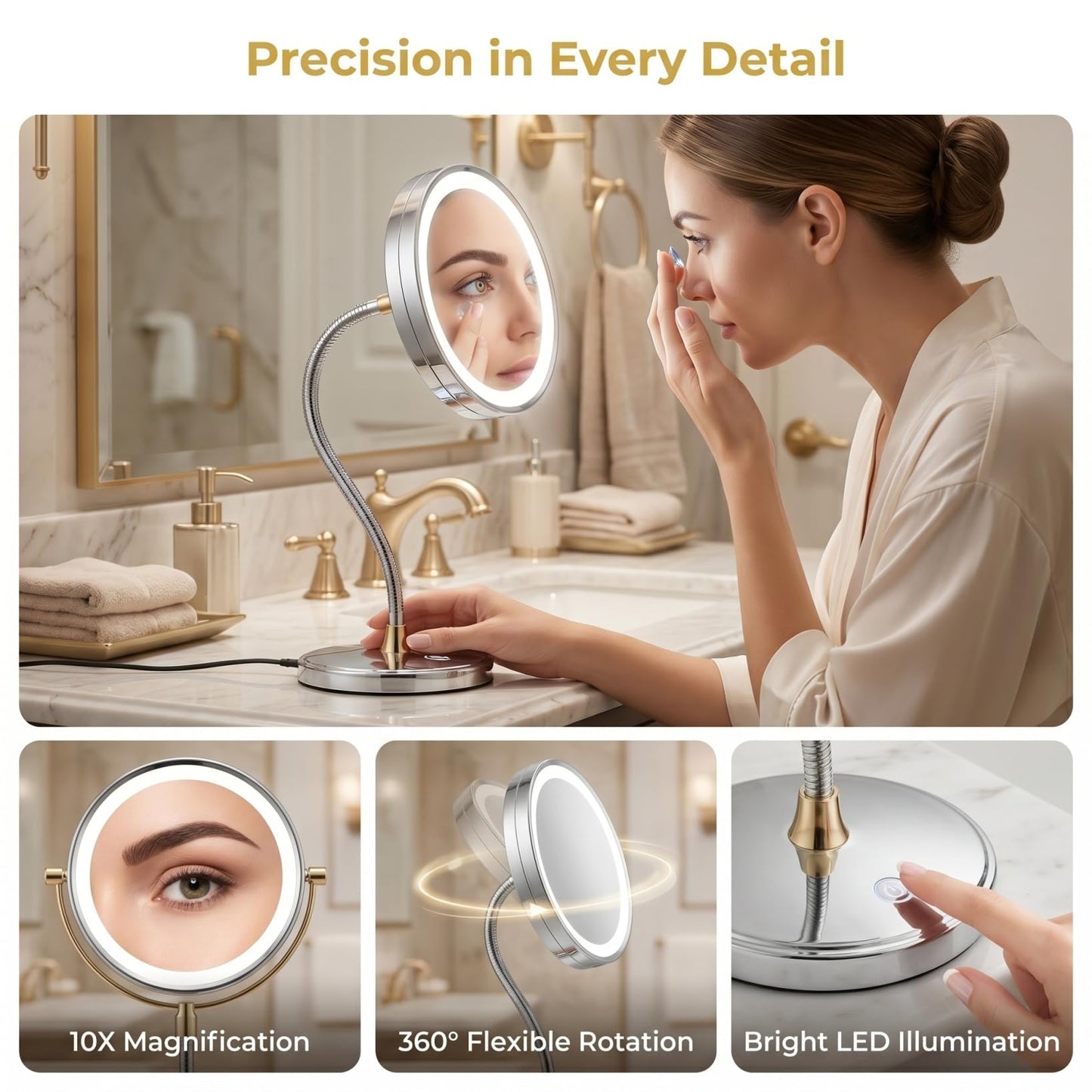 DIYEAH Rotating 10x Magnifying Vanity Mirror with LED Light and Suction Cup, 360-degree Adjustable Makeup Mirror for Bathroom and Travel