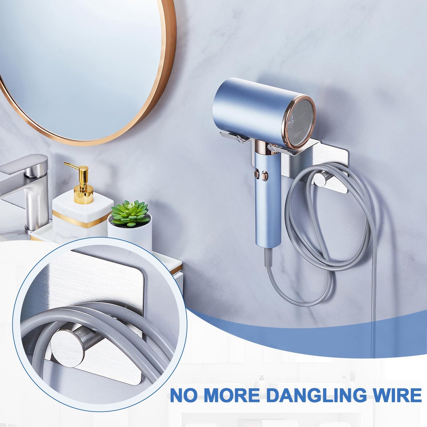 XILIMEN Hair Dryer Holder Wall Mounted, Blow Dryer Holder Adhesive, Metal Hairdryer Holder for Bathroom, Hair Tool Organizer with Plug&Cord for Cabinet Bathroom Bedroom Barber Shops (Sliver)