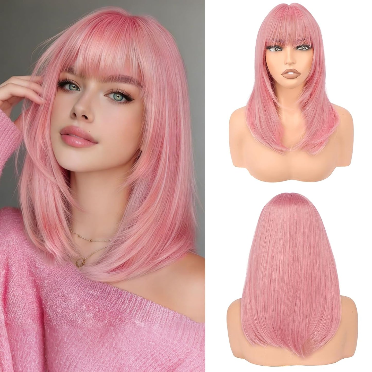 Blonde Bob Wigs with Bangs - Shoulder Length Straight Synthetic Hair | 16 Inch Platinum Blonde