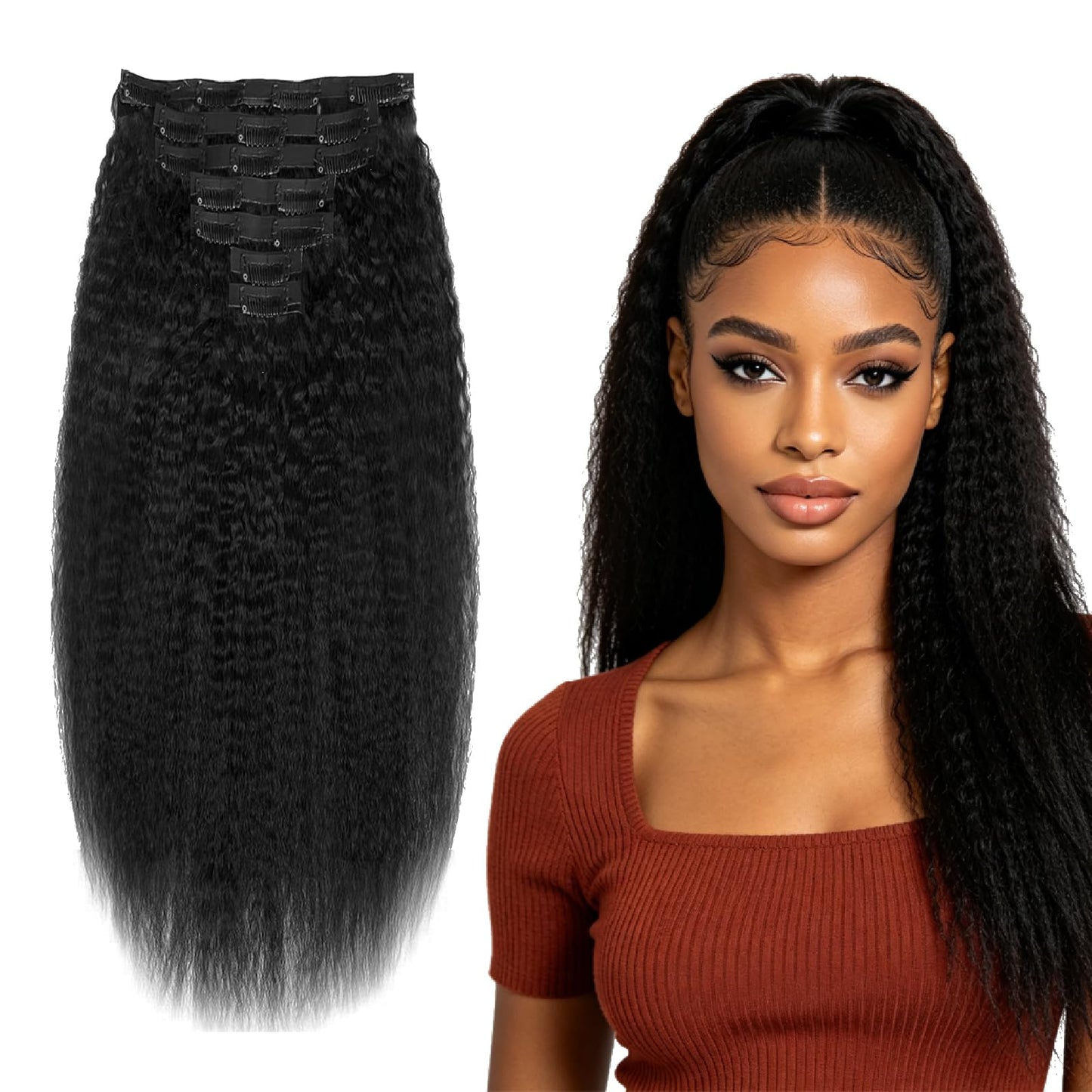 EclatWigs Human Hair Clip in Extensions, 7 Pcs Kinky Straight Hair 120g, 18 Inch Natural Black, Clip in Hair Extensions, Brazilian Remy Hair Extensions for Women