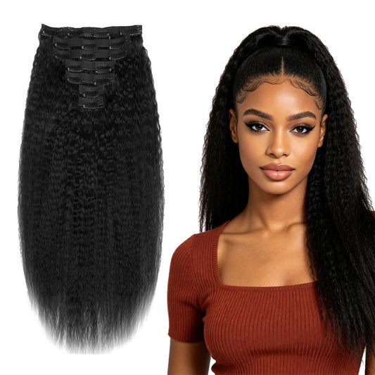 EclatWigs Human Hair Clip in Extensions, 7 Pcs Kinky Straight Hair 120g, 18 Inch Natural Black, Clip in Hair Extensions, Brazilian Remy Hair Extensions for Women