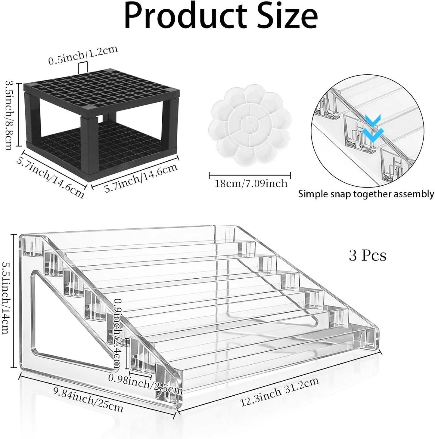Clear Paint Organizer Set - 3 Pcs Acrylic Craft Storage Rack with Mixing Palettes & Brush Holder | 7 Layers for Oil & Model Paints