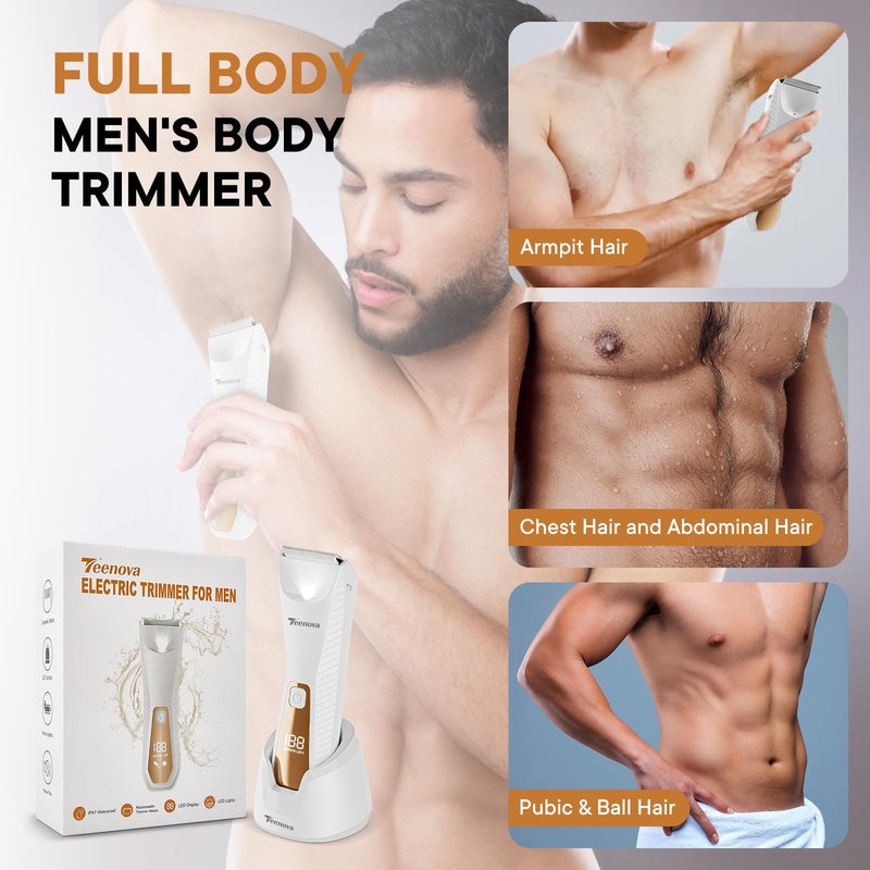 TEENOVA Pubic & Body Hair Trimmer for Men, 2 In 1 Electric Ball Groin Razor Shaver with Ceramic Blade, No Nick Mens Grooming Kit for Wet/Dry Use, Cordless Charging Body Groomer with Led Display, White