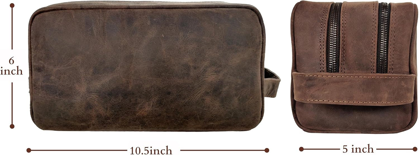 Full Grain Leather Travel Toiletry Bag - Rustic Town Cosmetic Organizer | Dark Brown