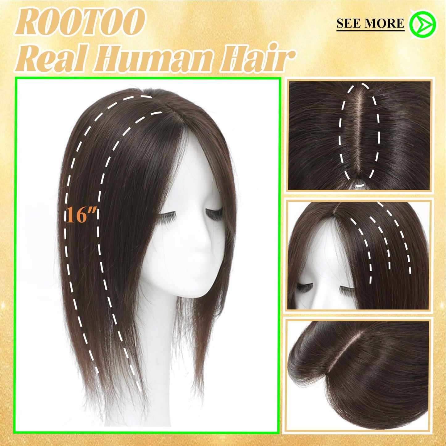 Hair Toppers for Women - Real Human Hair 14 Inch Clip-In Scalp Pieces | Dark Brown, 360° Coverage