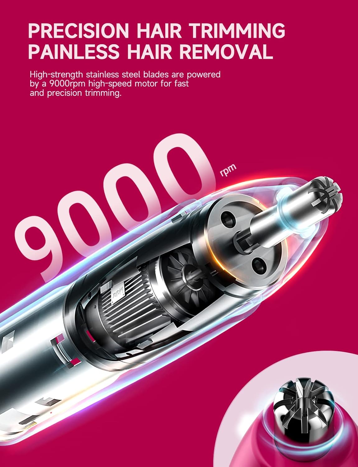 Rechargeable Ear and Nose Hair Trimmer - Professional Painless Facial Hair Trimmer with Dual-Edge Blades | Magenta