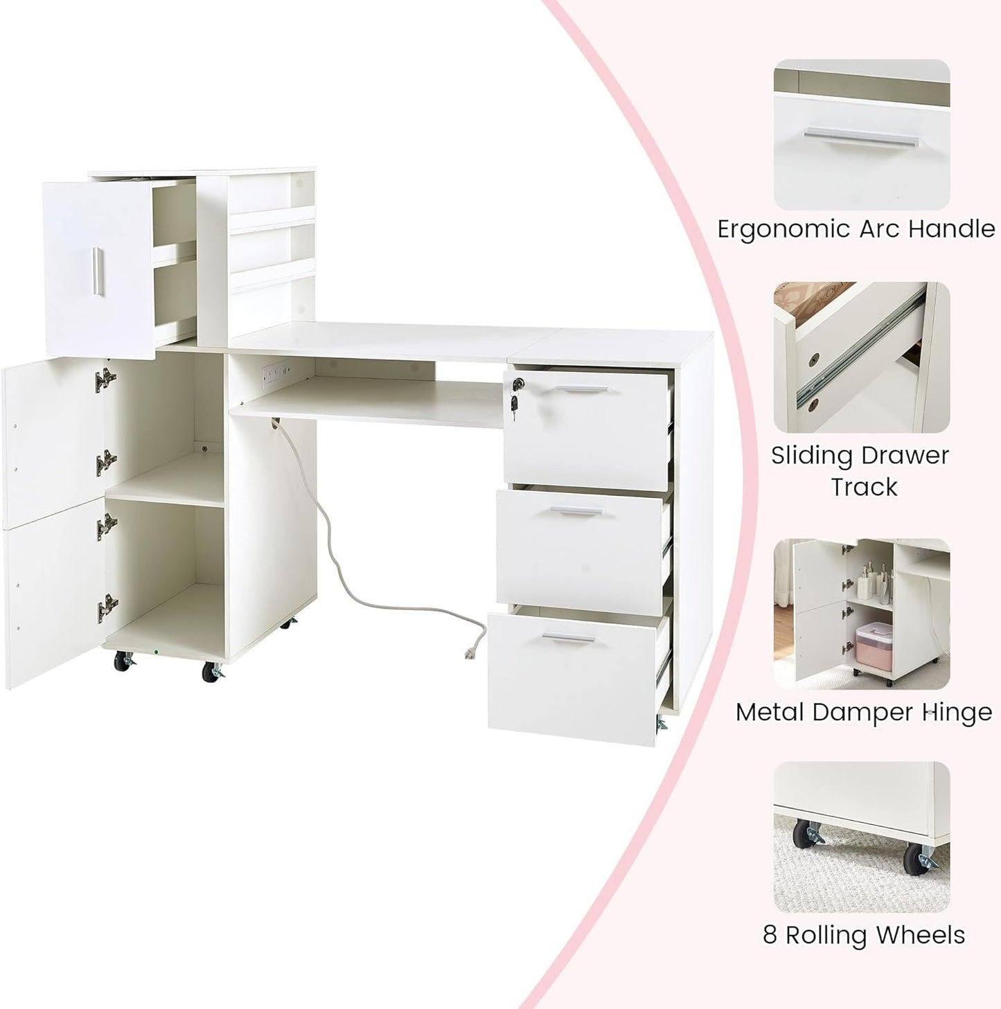 Manicure Table - 56 Inch Nail Desk with 3 Cabinets, 3 Drawers & Power Outlet | Professional Salon Workstation