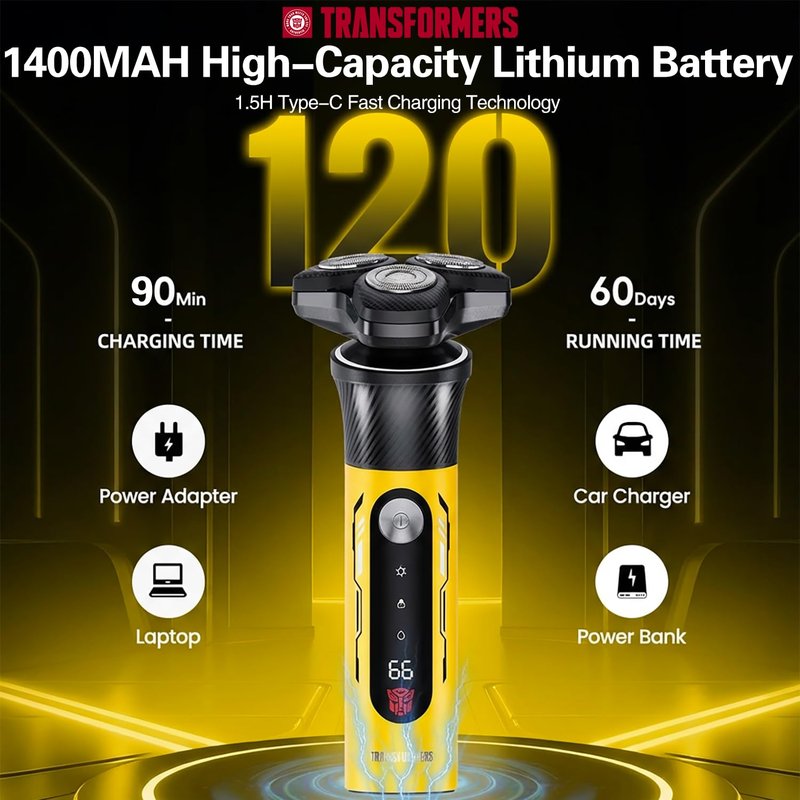 TRANSFORMERS Electric Razor for Men, 2-Speed Adjustable Shaver, IPX7 Waterproof, USB-C Fast Charging, LED Display, Smart Anti-Snag Beard Trimmer for Sensitive Skin, Mens Grooming Gift (Yellow)