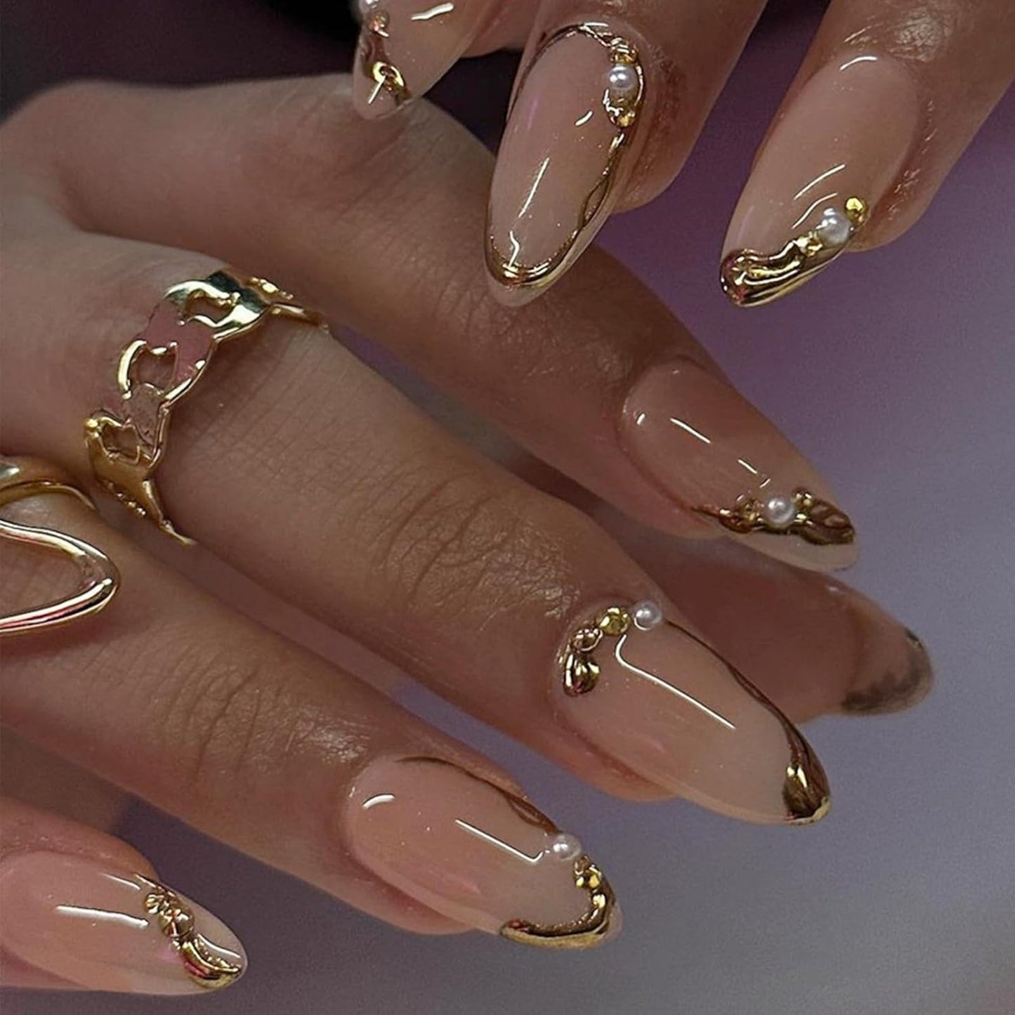 Almond Press-On Nails - White French Tip with 3D Gold Bow | Reusable Acrylic Full Cover, 24 Pcs