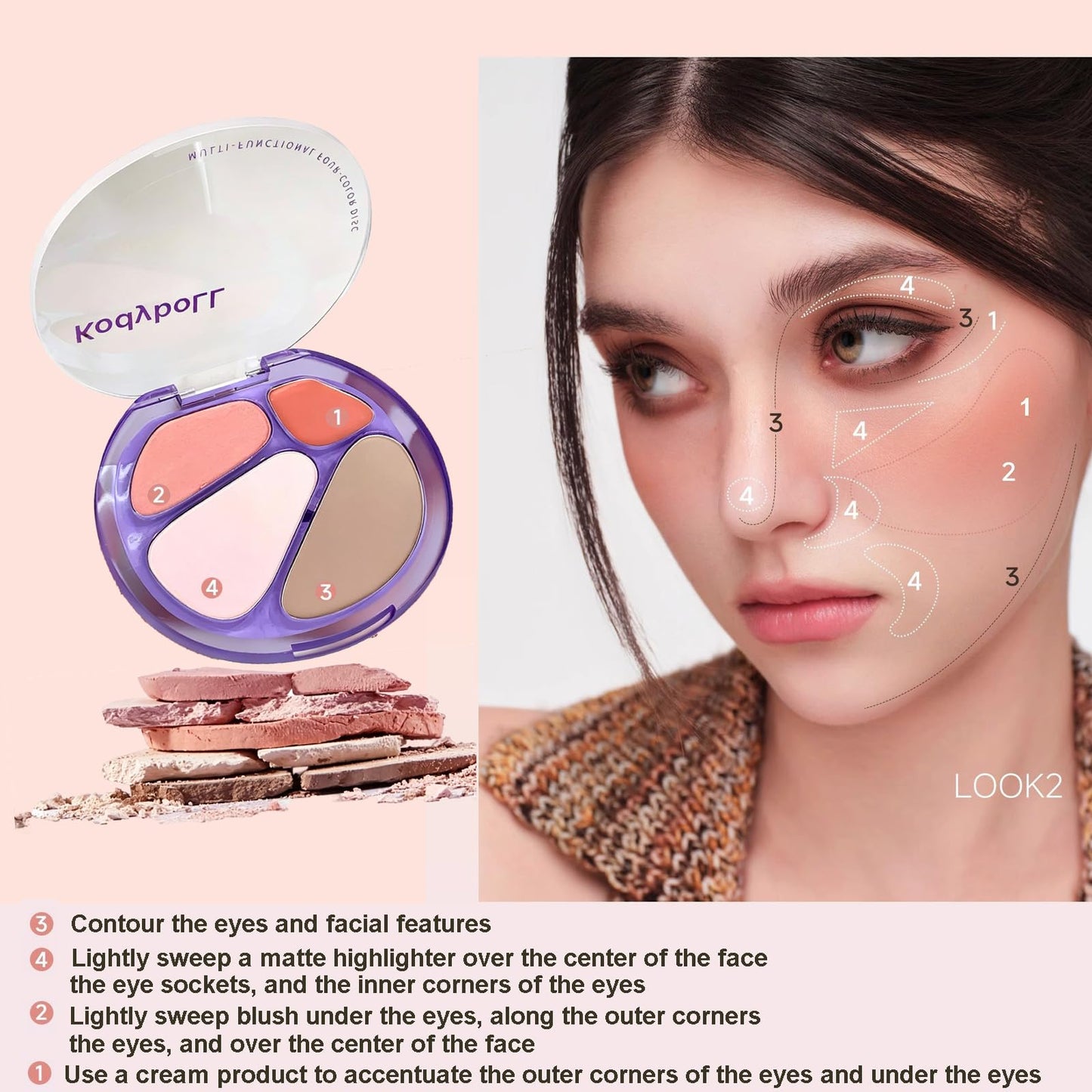 4 Colors Highlighter & Blush Palette, 4-in-1 Eyeshadow, Blush, Highlighter, And Contour for a Natural Finish Face Illuminator Powder Glow Blush Palette for Women