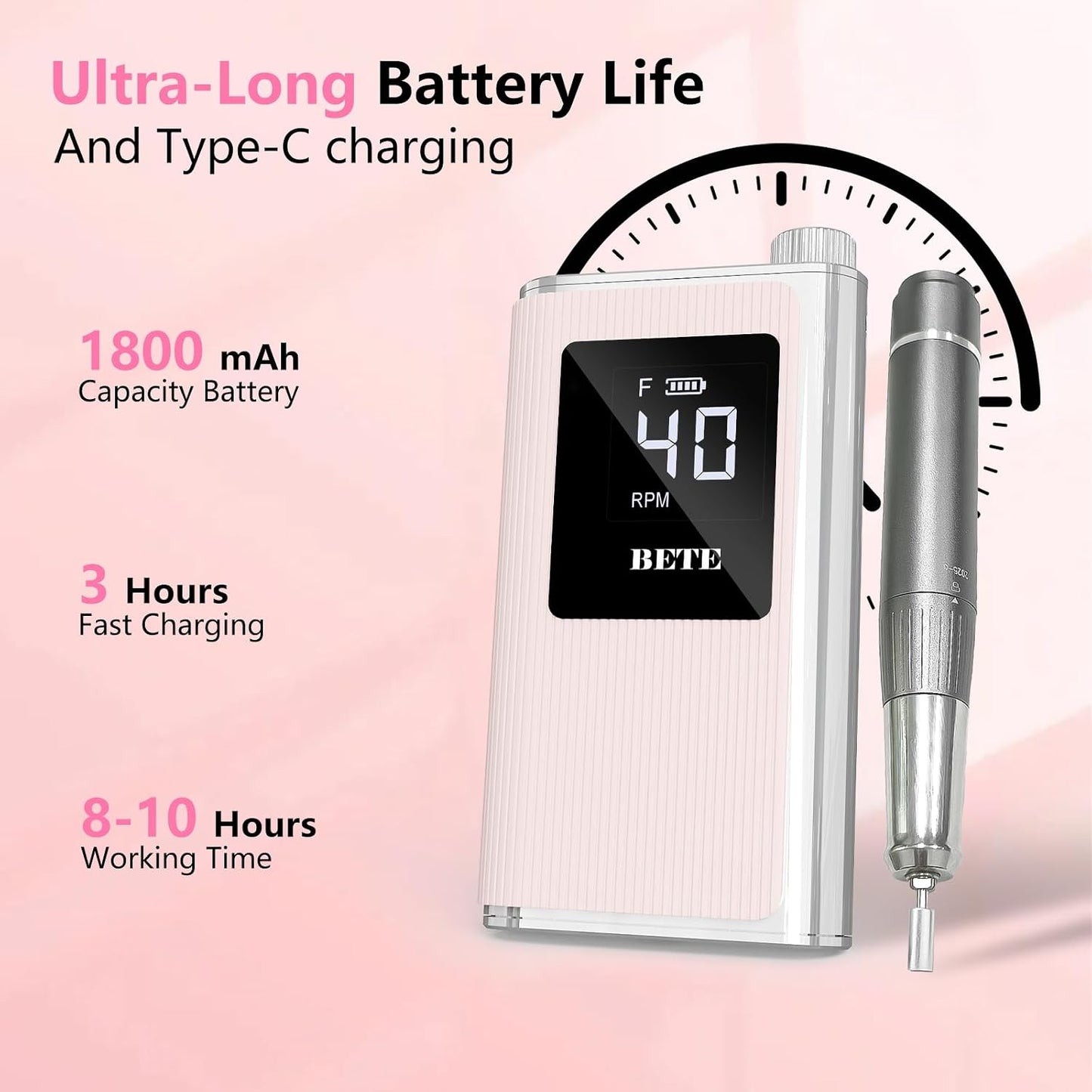 Professional Nail Drill - 40000 RPM Cordless Electric Nail File Kit with 6 Bits | Rechargeable Efile for Acrylic Gel Nails, Pink