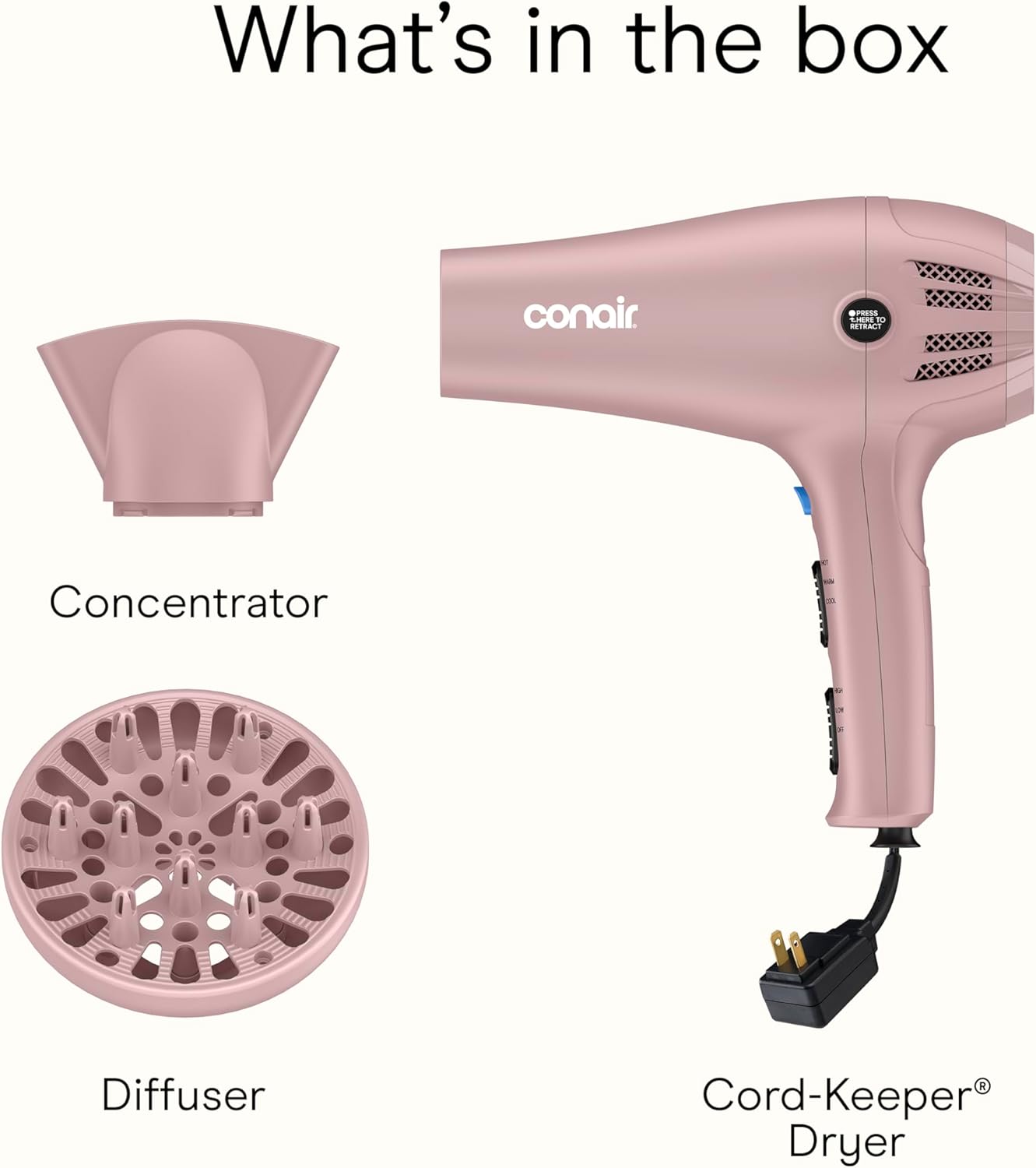 Conair Hair Dryer - 1875W Ionic Blow Dryer with Retractable Cord & Diffuser | Matte Light Pink, 3 Heat Settings