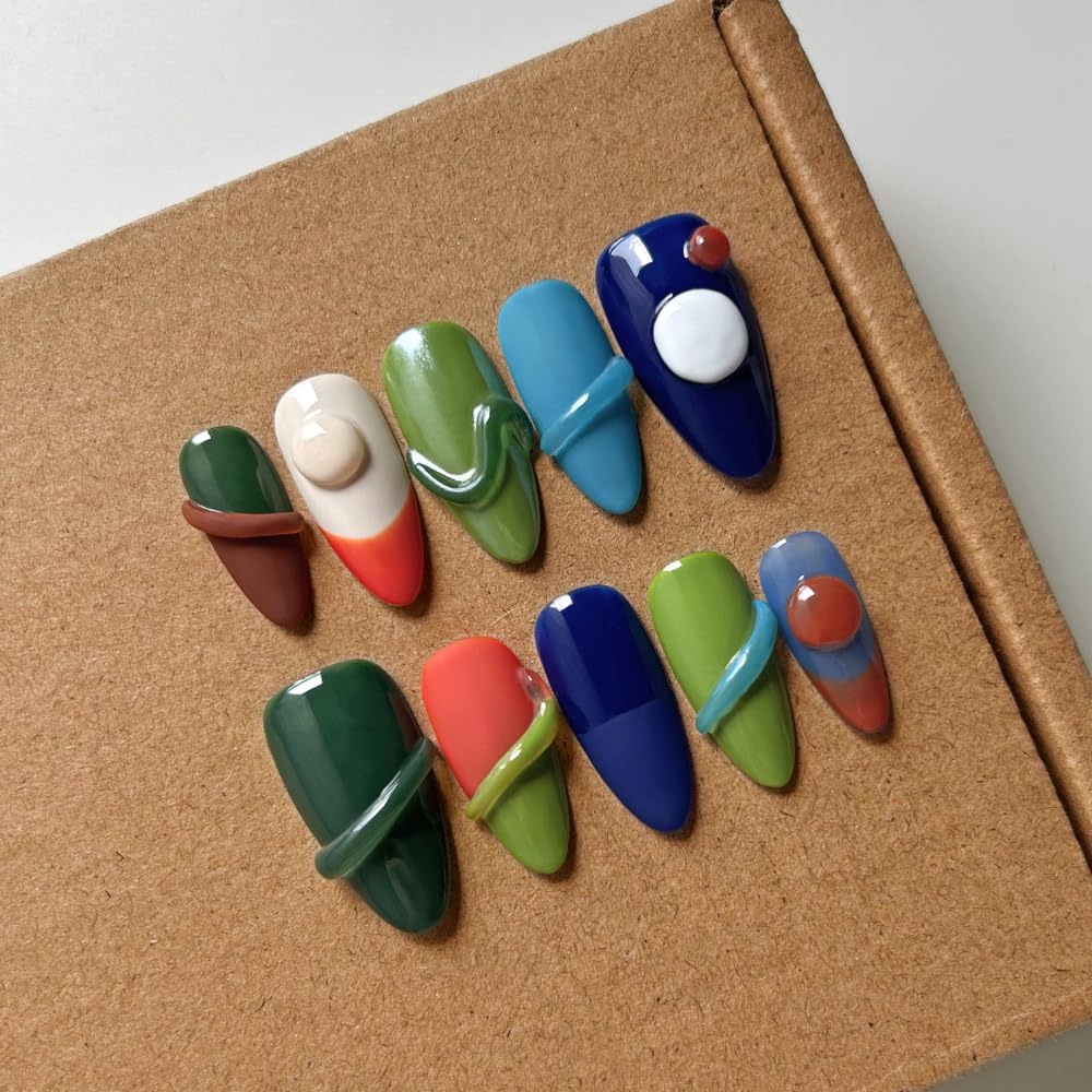 Press On Almond Nails - Handmade 3D Design, Thick Acrylic Gel | Reusable DIY Artificial Nails for Women (10 Pieces)