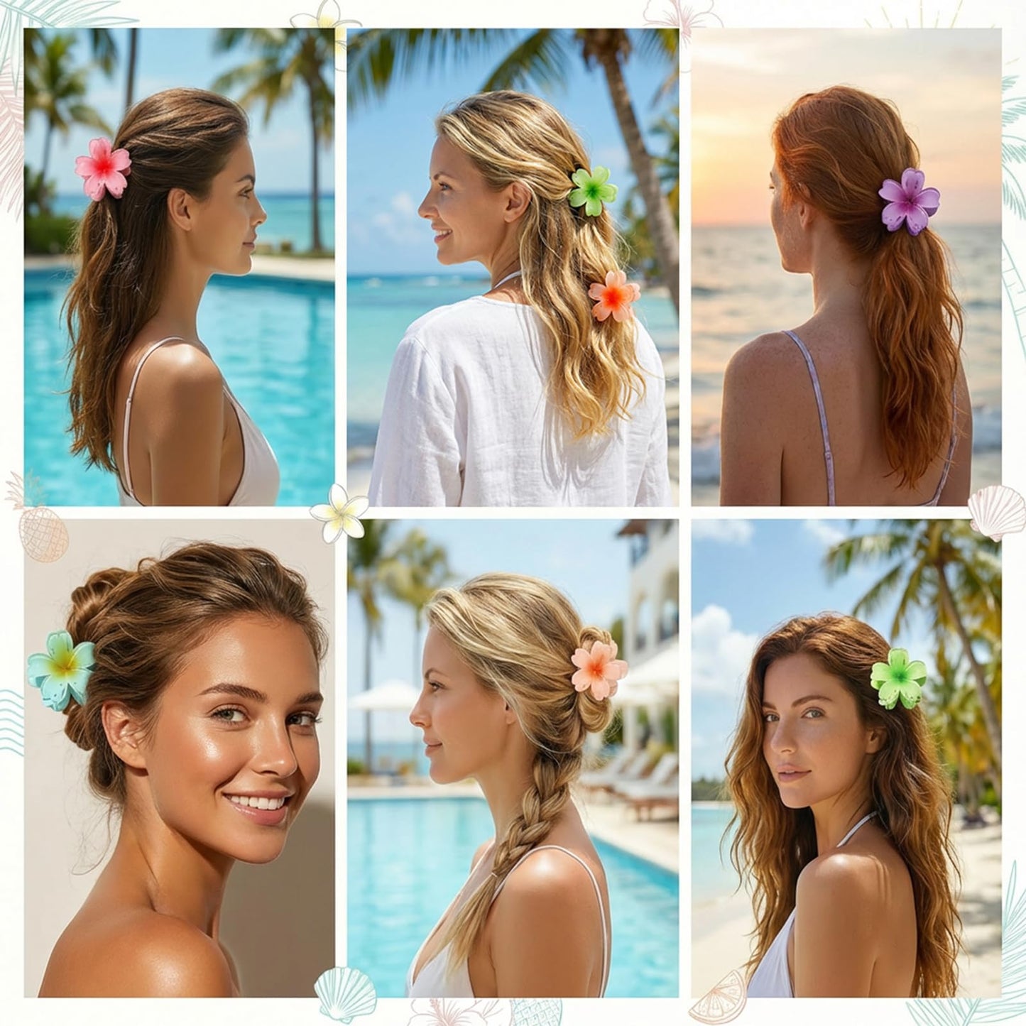 SMKSL 6 Pcs Flower Hair Claw Clips for Women Hawaiian Large Hair Clips for Thick Thin Curly Hair, Strong Hold & Non-Slip, Stylish Medium Beach Hair Accessories for Women Girls (Hawaiian)