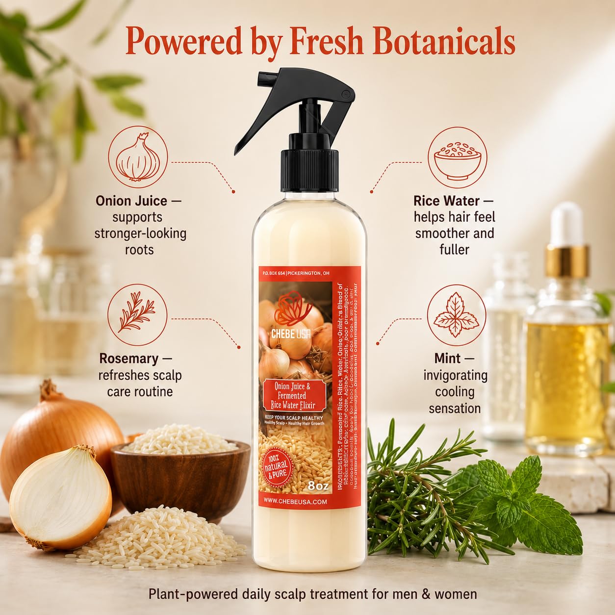 Fresh Onion Juice & Rice Water Hair Growth Spray with Rosemary & Mint (4 oz)– Strengthens Roots, Reduces Hair Fall, Promotes Thicker, Fuller Hair–Natural Scalp Treatment for Men & Women