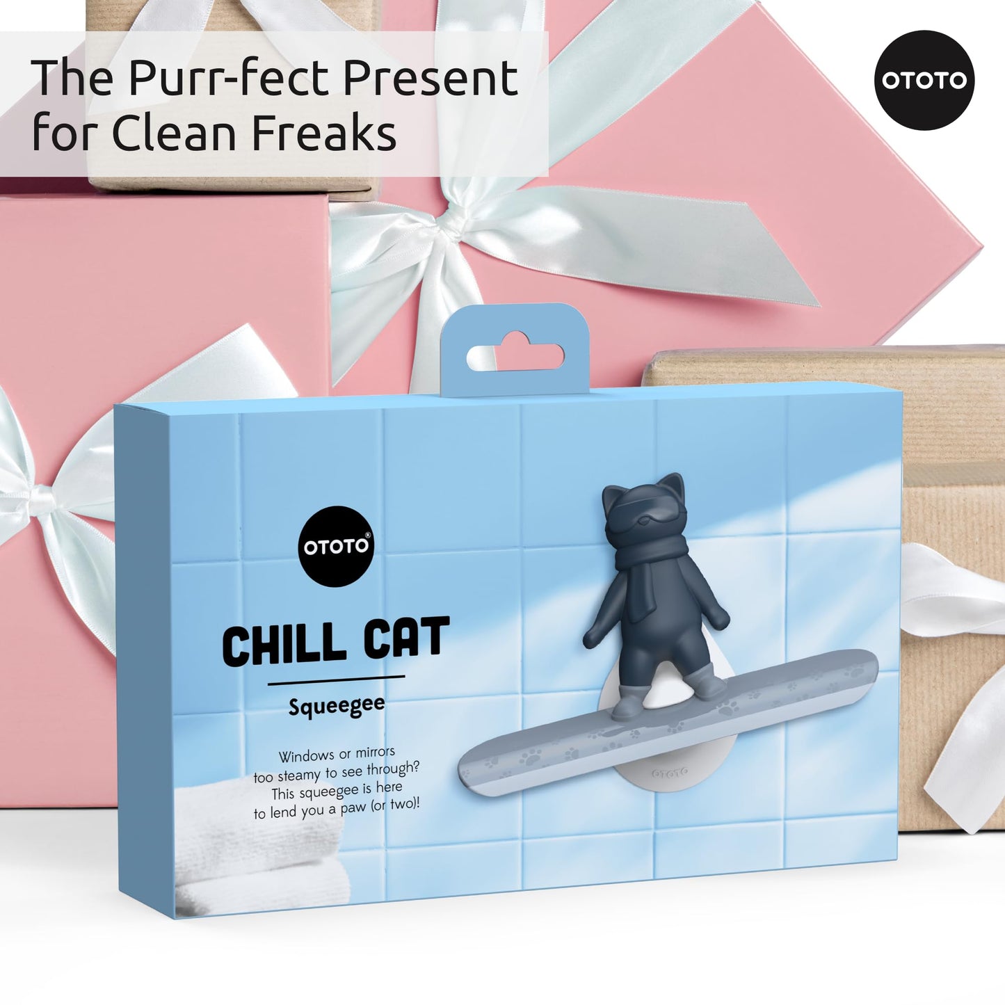 OTOTO Chill Cat Squeegee - Cute Kitchen Accessories, Cute Bathroom Decor, Black Bathroom Accessories, Shower Accessories, Shower Squeegee for Glass Doors, Small Bathroom Squeegee, Cat Gifts