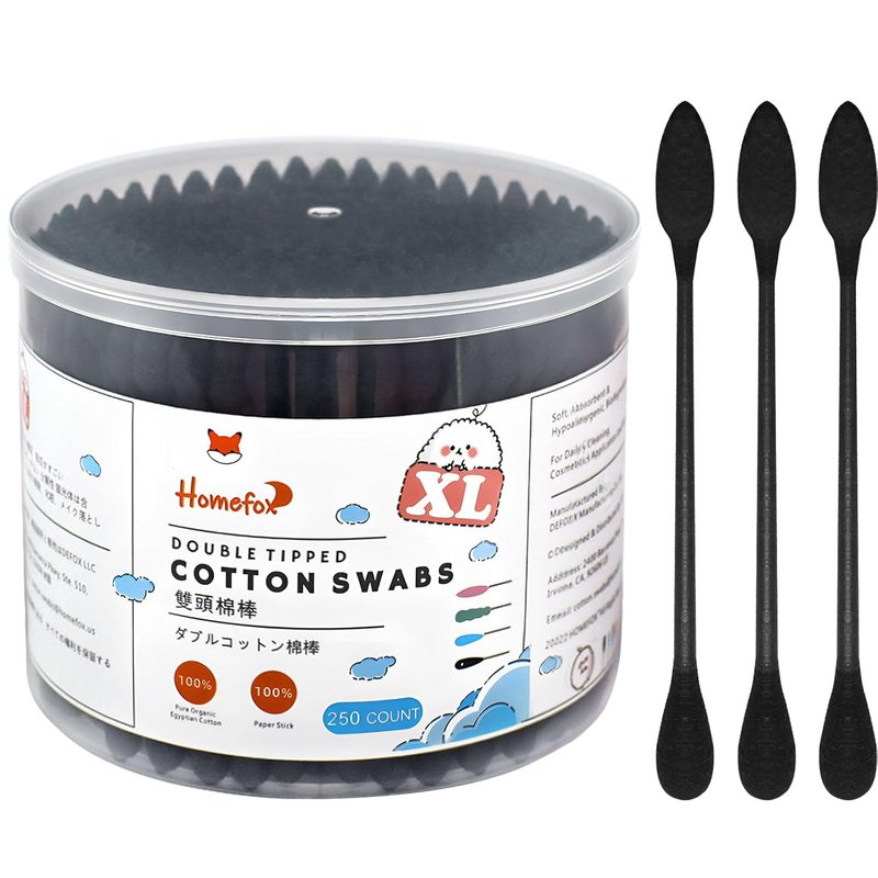 XL Thick Black Cotton Swabs - Pointed Precision Organic Cotton Buds | 250 Count, Charcoal Tips for Goth Aesthetic