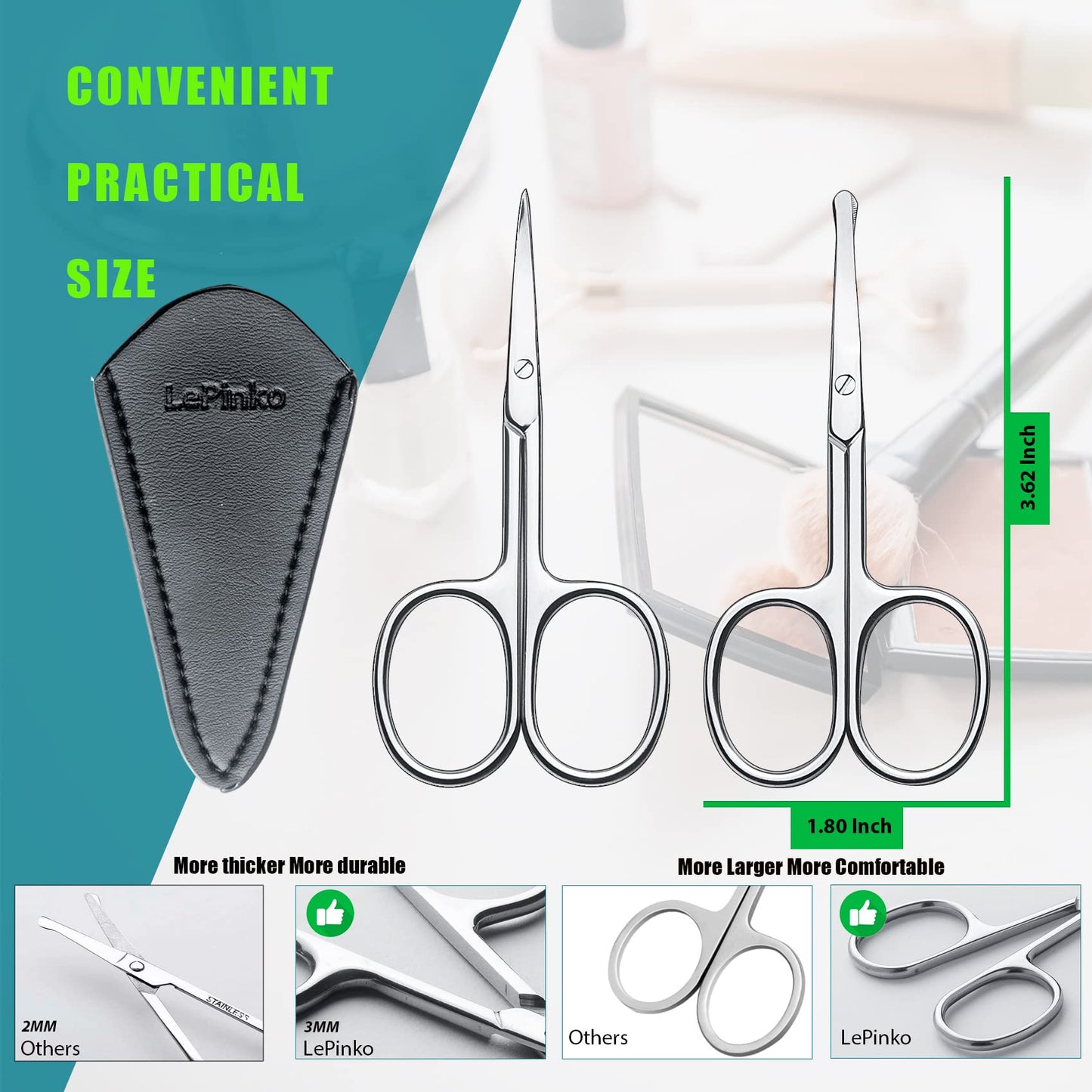 Facial Hair Small Grooming Scissors For Men Women - Eyebrow, Nose Hair, Mustache, Beard, Eyelashes, Ear Trimming Kit - Curved and Rounded Safety Tip Clippers For Hair Cutting 2PCS With Cover Sliver