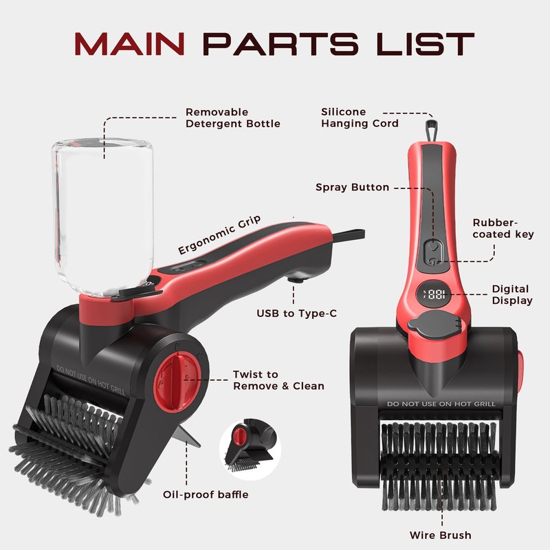 Nozrix Electric Grill Brush, 100W High Power Cordless BBQ Cleaner with 300ml Water Spray Tank, IPX8 Waterproof Automatic Scrubber for Gas Charcoal Grills, 2-Speed Rechargeable Power Brush with Scraper