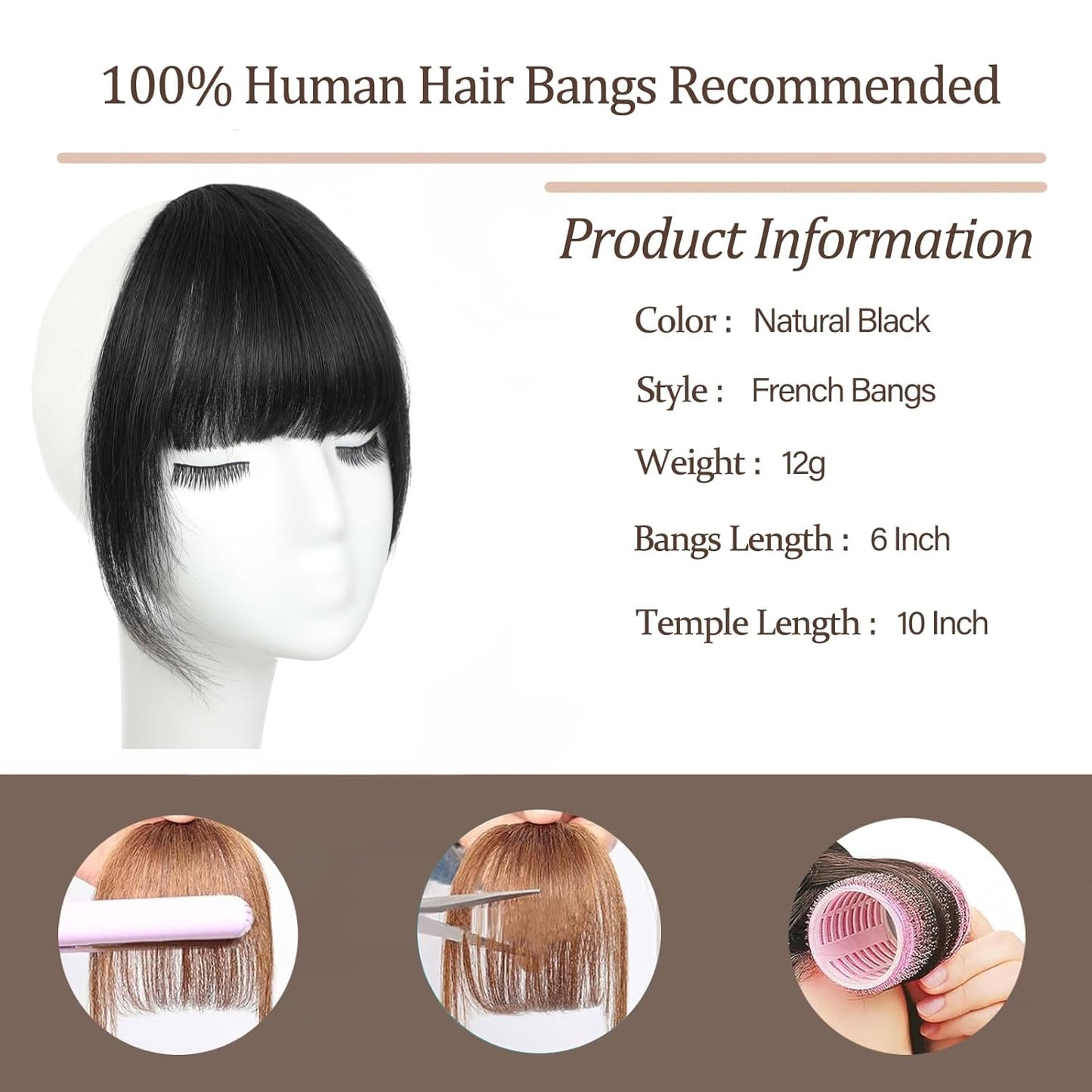 Clip In Bangs | Natural Black Real Human Hair Extensions - Stylish Curtain Fringe for Women