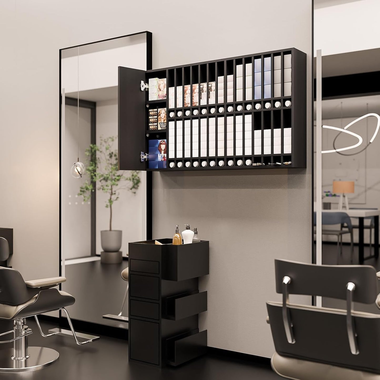 OmySalon Wall Mounted Salon Station - Hair Color Rack Organizer with Adjustable Shelves | Black