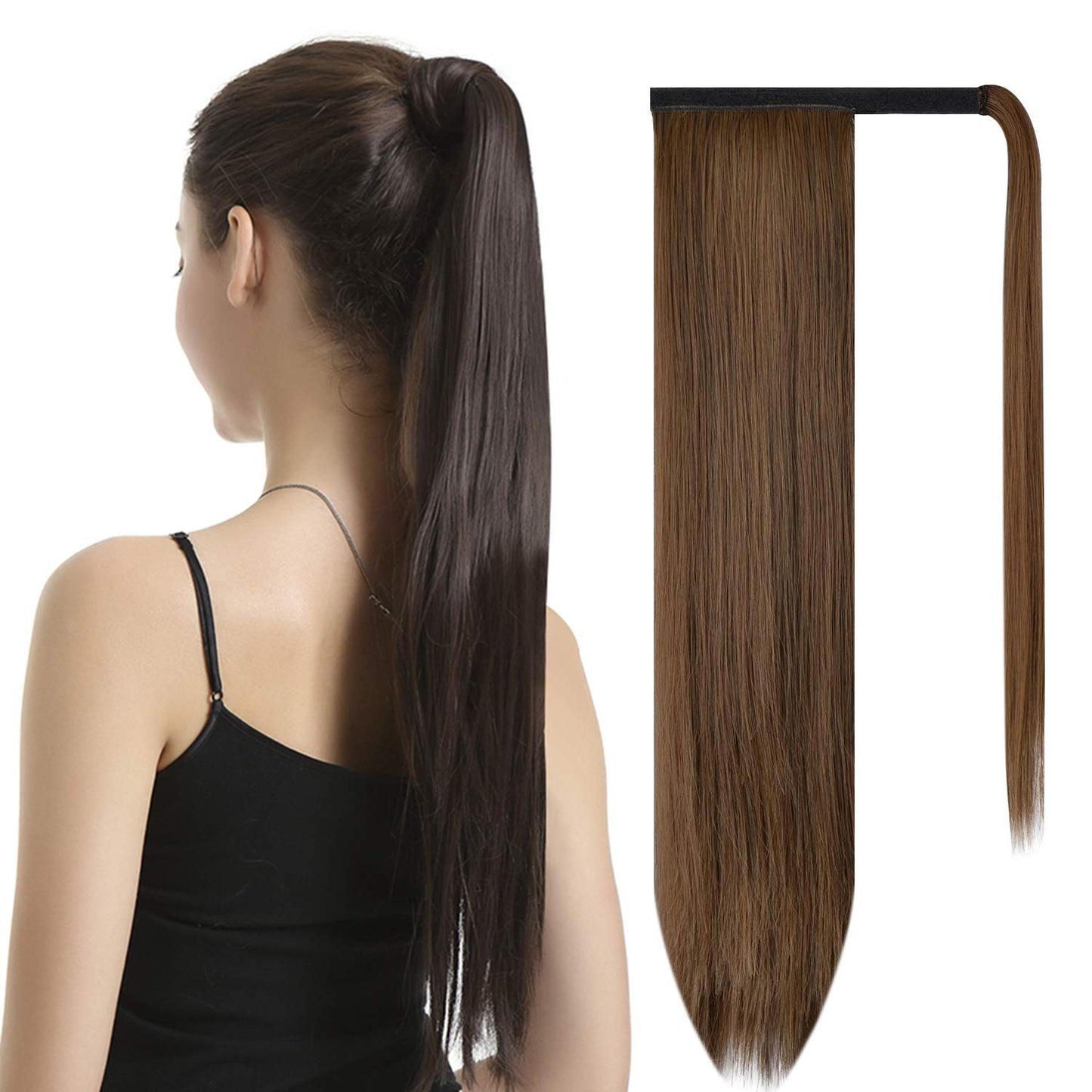Dark Brown Straight Ponytail Extension - 28 Inch Clip-In Hairpiece for Women | Synthetic Wrap Around Style