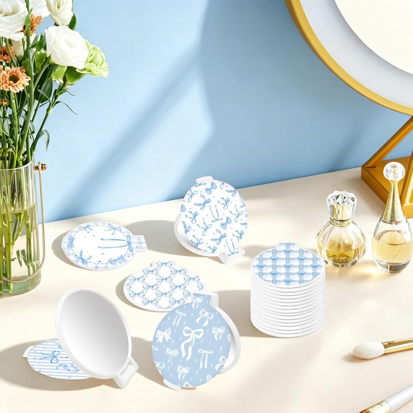 Blue Bow Compact Mirror - 50 Pcs Portable Folding Round Makeup Mirrors | Perfect Gifts for Women