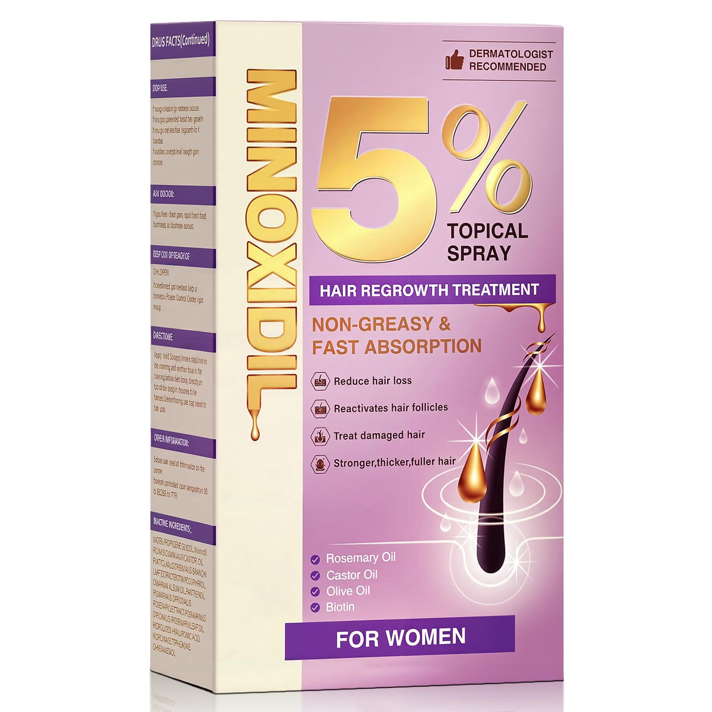 5% Minoxidil Spray, Lightweight Non Greasy Hair Regrowth Spray for Women, Biotin Serum with Rosemary for Hair Loss Treatment, Clinically Proven to Regrow Thicker (3.85 Fl Oz)