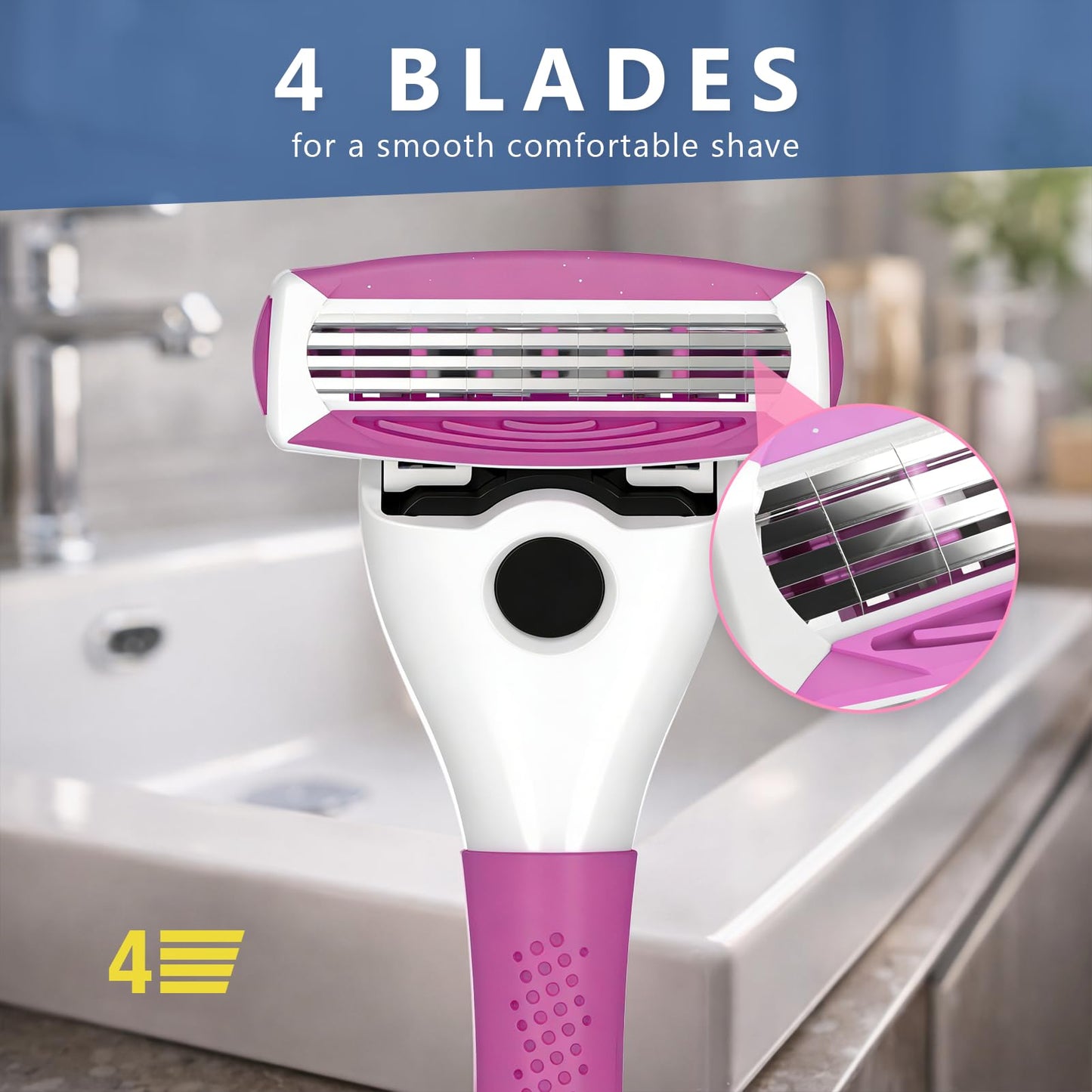 FYNEDGE Women's Safety Razor with 6 Replacement Blade Refills- 4 Blade Razors for Women, 1 Pink Handle Rubber Grip, 45° Pivoting Head, Lubricating Strip & Cleaning Brush for Smooth Shaving