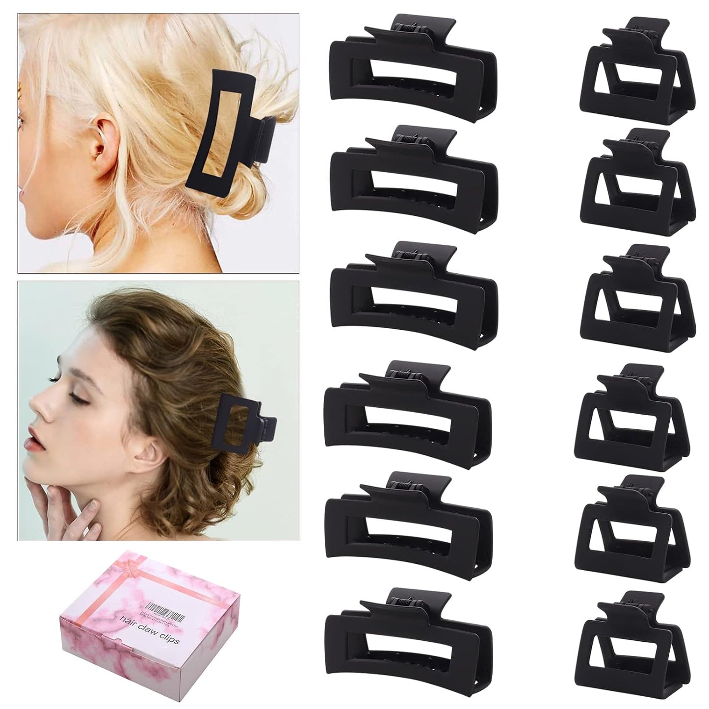 Black Square Claw Clips - 12 Pack Non-Slip Matte Hair Clips for Women | Strong Hold for Thick & Thin Hair