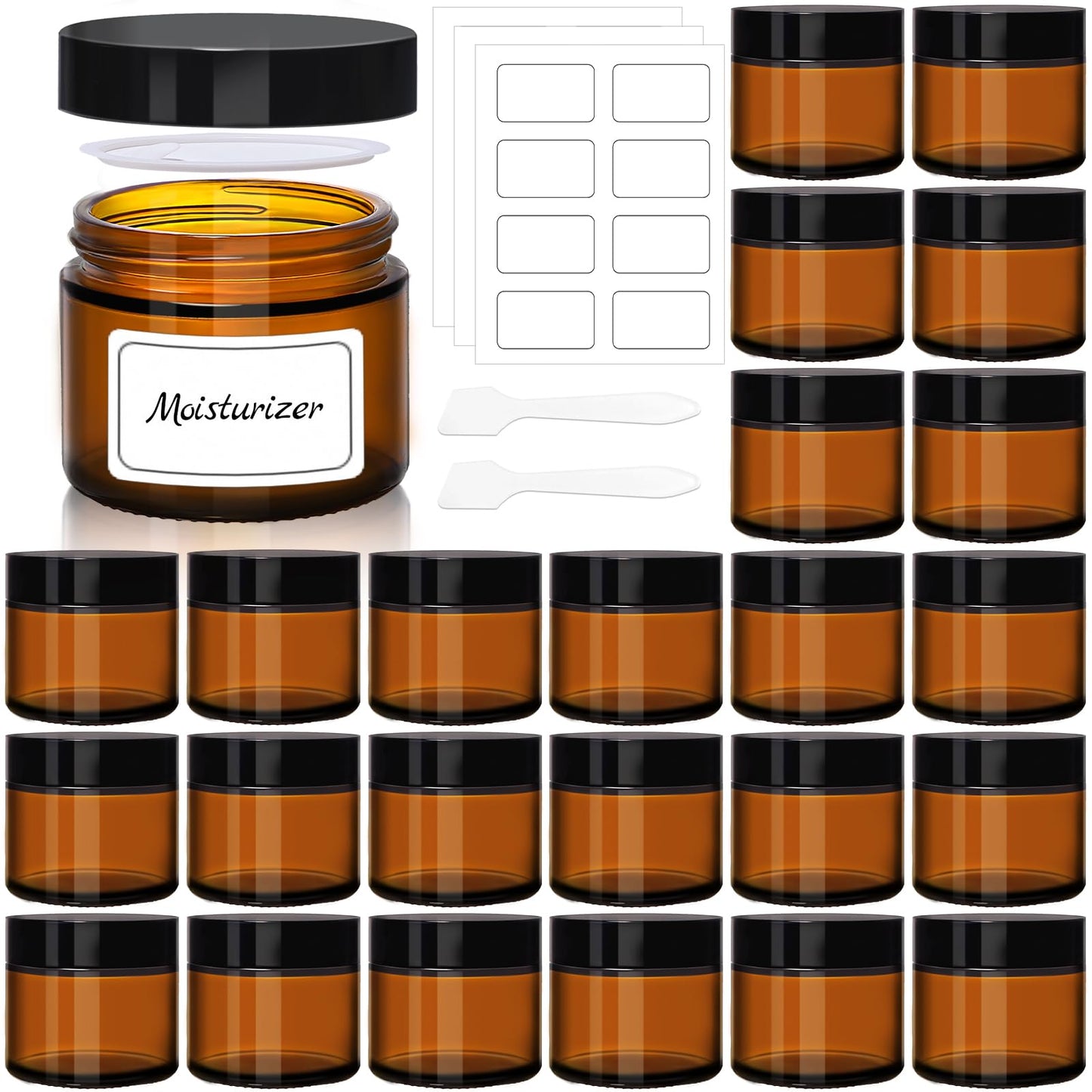 UPBUD Amber 2oz Glass Jars with Lids - 24 Pack Brown Small Cosmetic Containers with Stickers & 2 Spoons, Wide-Round Smooth Mouth, Sealable for Creams, Lotions, Body Butter, Travel Samples