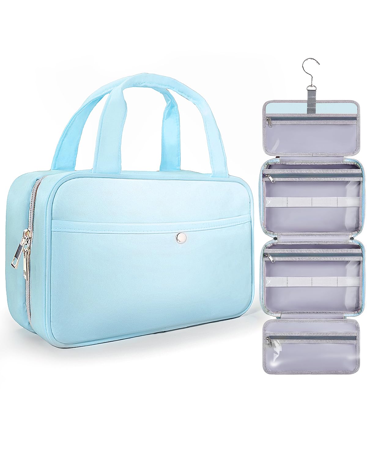 Chakipee Travel Hanging Toiletry Bag for Women - Waterproof Cosmetic Organizer with Clear Window, Lightweight Bathroom Bags for Essentials, Makeup, Shampoo, Toiletries Blue,Medium