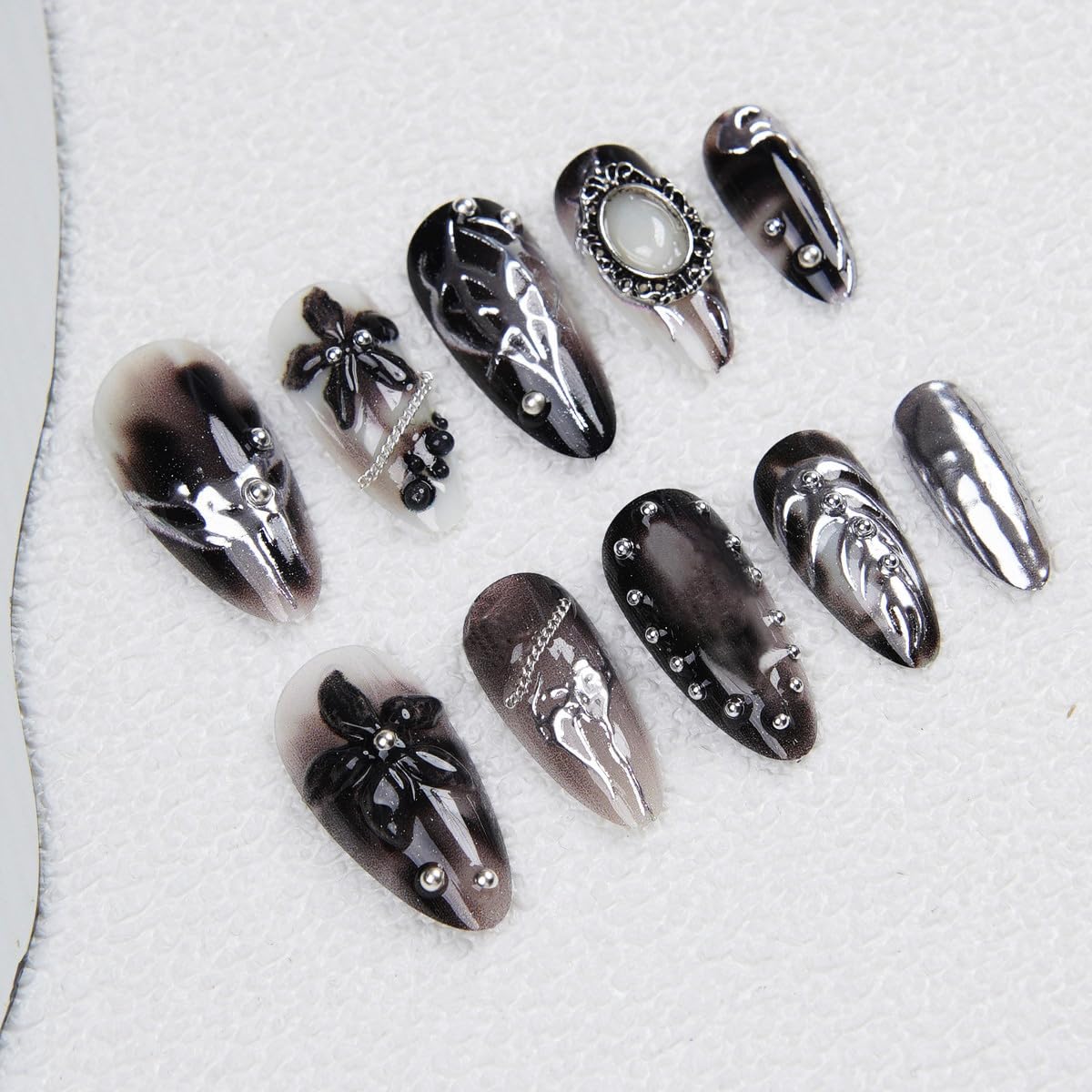 Goth Press-On Nails | 24 Pcs Medium Almond Silver Chrome Baroque Design | Reusable Black Full Cover