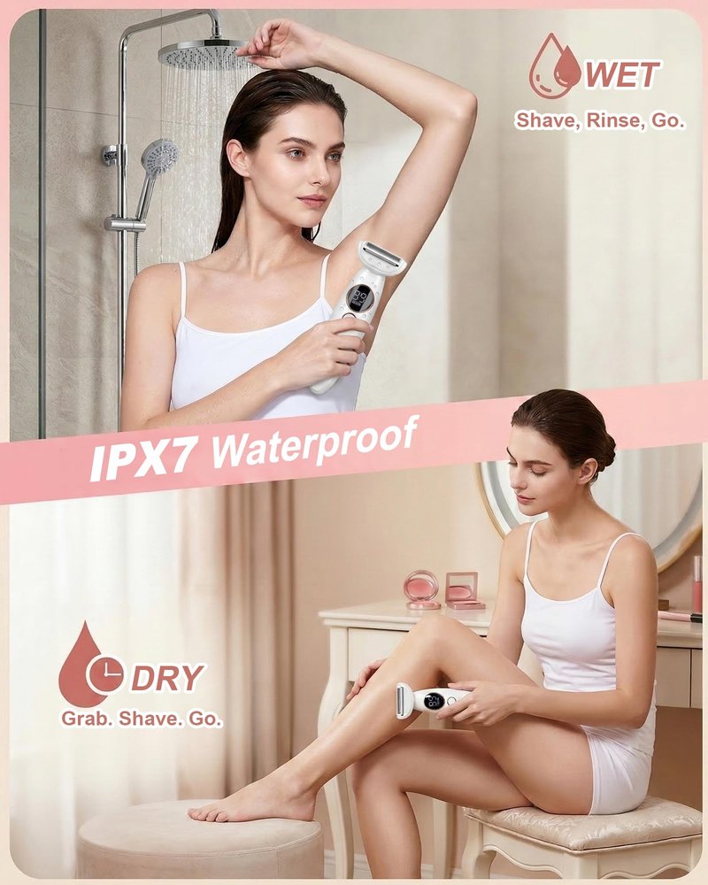 Bikini Trimmer for Women, Electric Razors for Silk Skin 5-in-1, IPX7 Waterproof, USB Rechargeable, Electric Razors for Women for Face, Eyebrows, Body, Bikini Zone with Charging Station