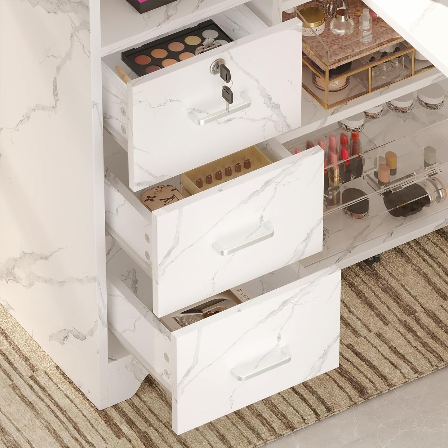 Foldable Nail Desk - Portable L-Shaped Manicure Table with Power Outlets & Lockable Drawer | Professional Home Salon Workstation (Marble)