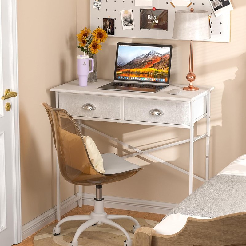 Small Writing Desk for Kids - 31.5 Inch Compact Computer Desk with 2 Fabric Drawers | White